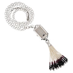 DeLaneau Josephine Pendant Watch Necklace in 18K White Gold with Pearl Tassel