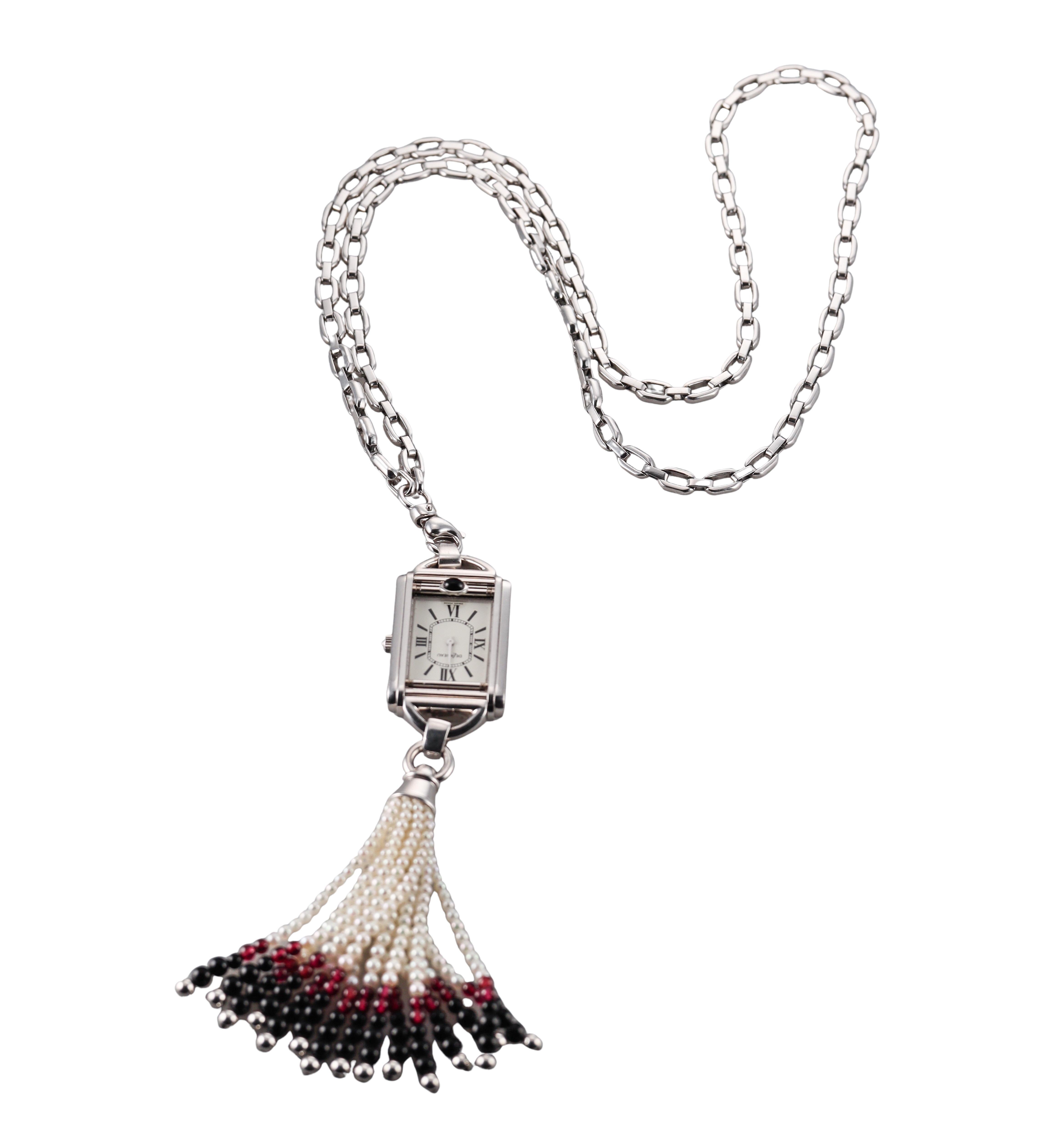 Delaneau Josephine Oro Blanco Onix Perla Reloj Borla Colgante Collar GG-2000 en venta 1