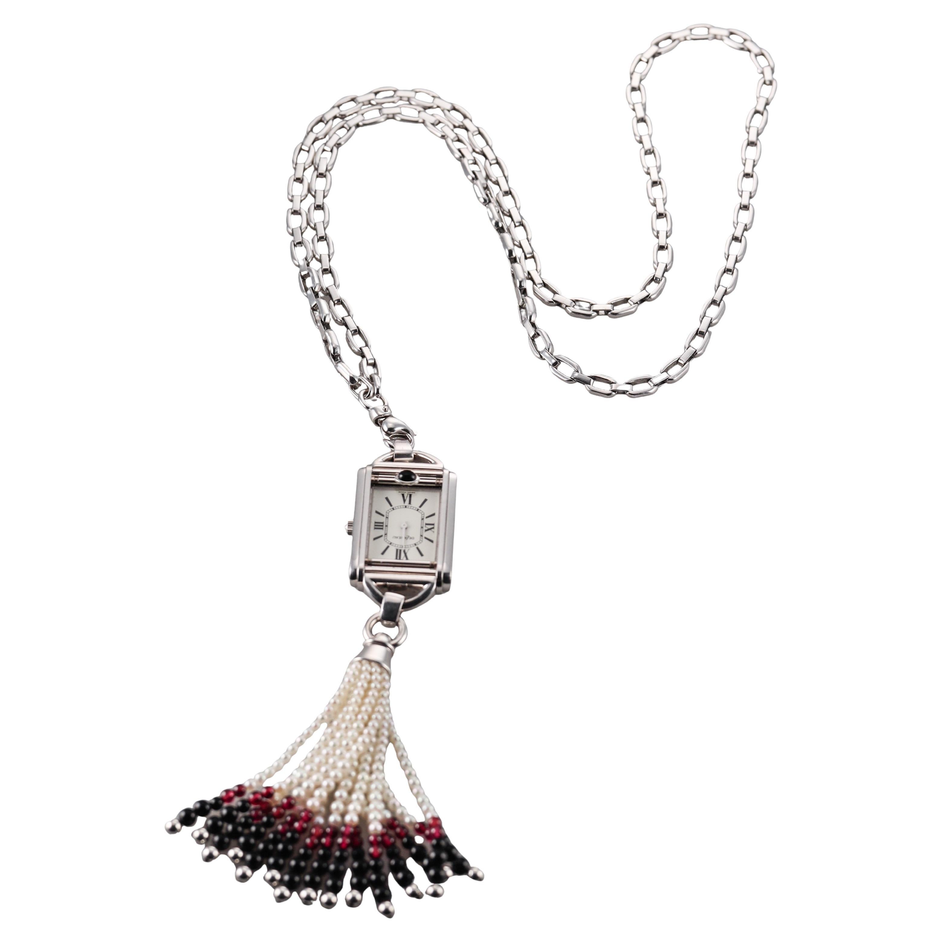 Delaneau Josephine Oro Blanco Onix Perla Reloj Borla Colgante Collar GG-2000 en venta