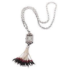 Delaneau Josephine Oro Blanco Onix Perla Reloj Borla Colgante Collar GG-2000