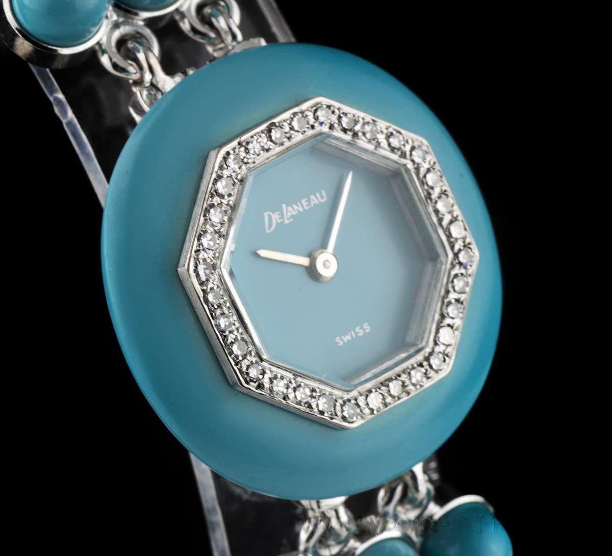DeLaneau White Gold and Turquoise Diamond Set Manual Wind Wristwatch In Good Condition In London, GB