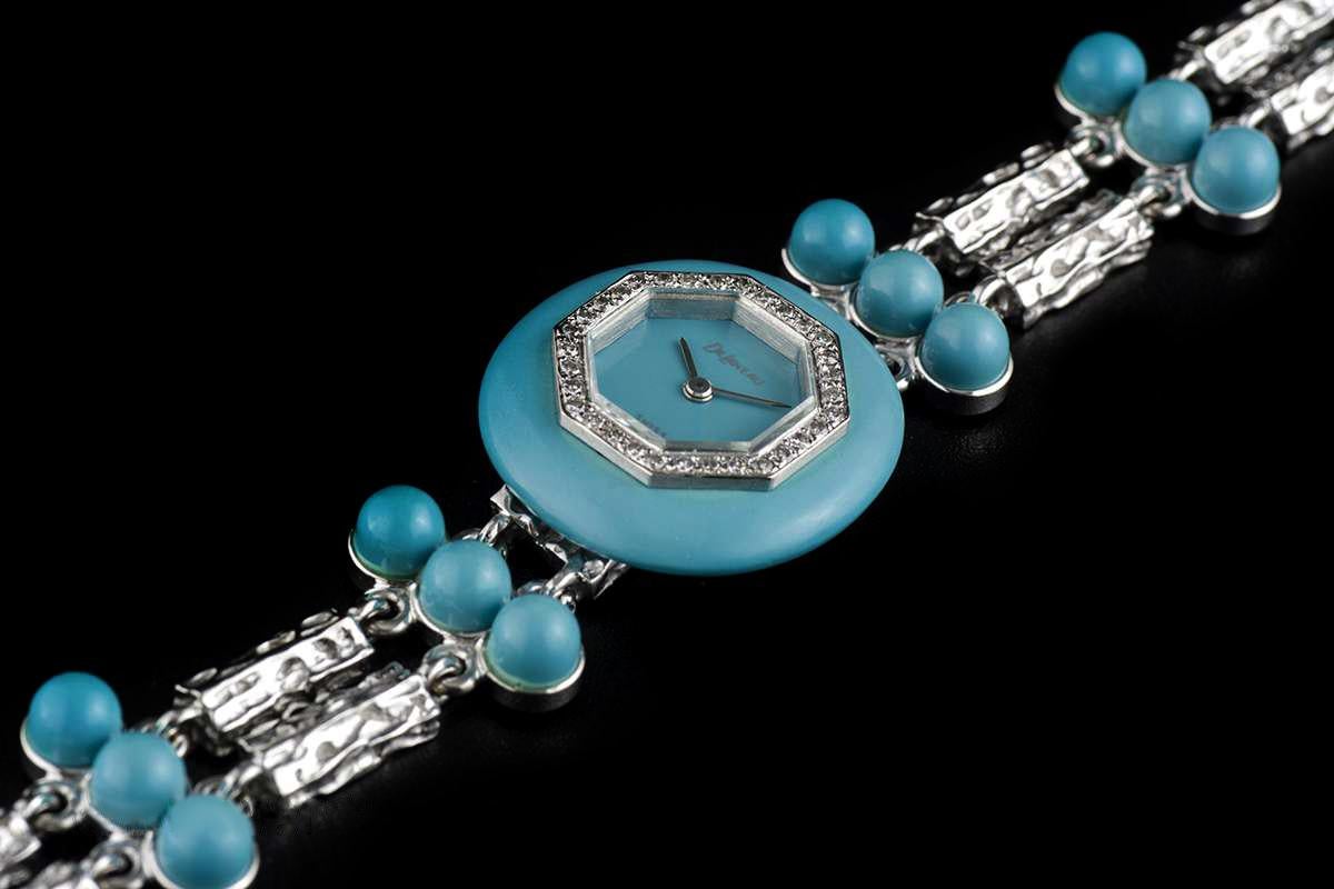 Women's DeLaneau White Gold and Turquoise Diamond Set Manual Wind Wristwatch