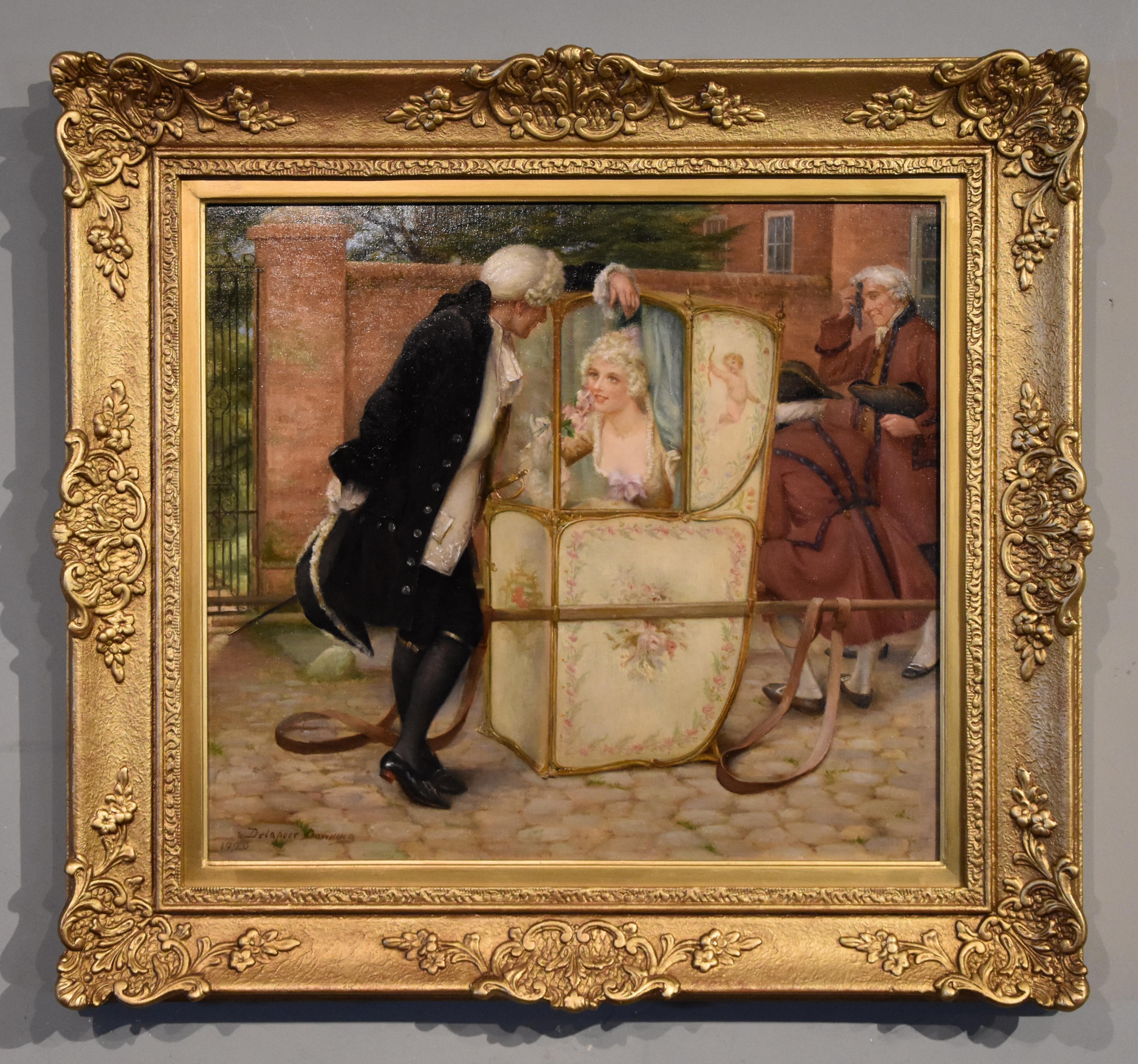 Oil Painting by Delapoer Downing "The Sedan Chair" 1853-1926 Figurative painter, born in Dublin. He was the son of a Major General. He exhibited at the Royal Academy and Institute and also worked as an illustrator. Oil on canvas, signed and dated