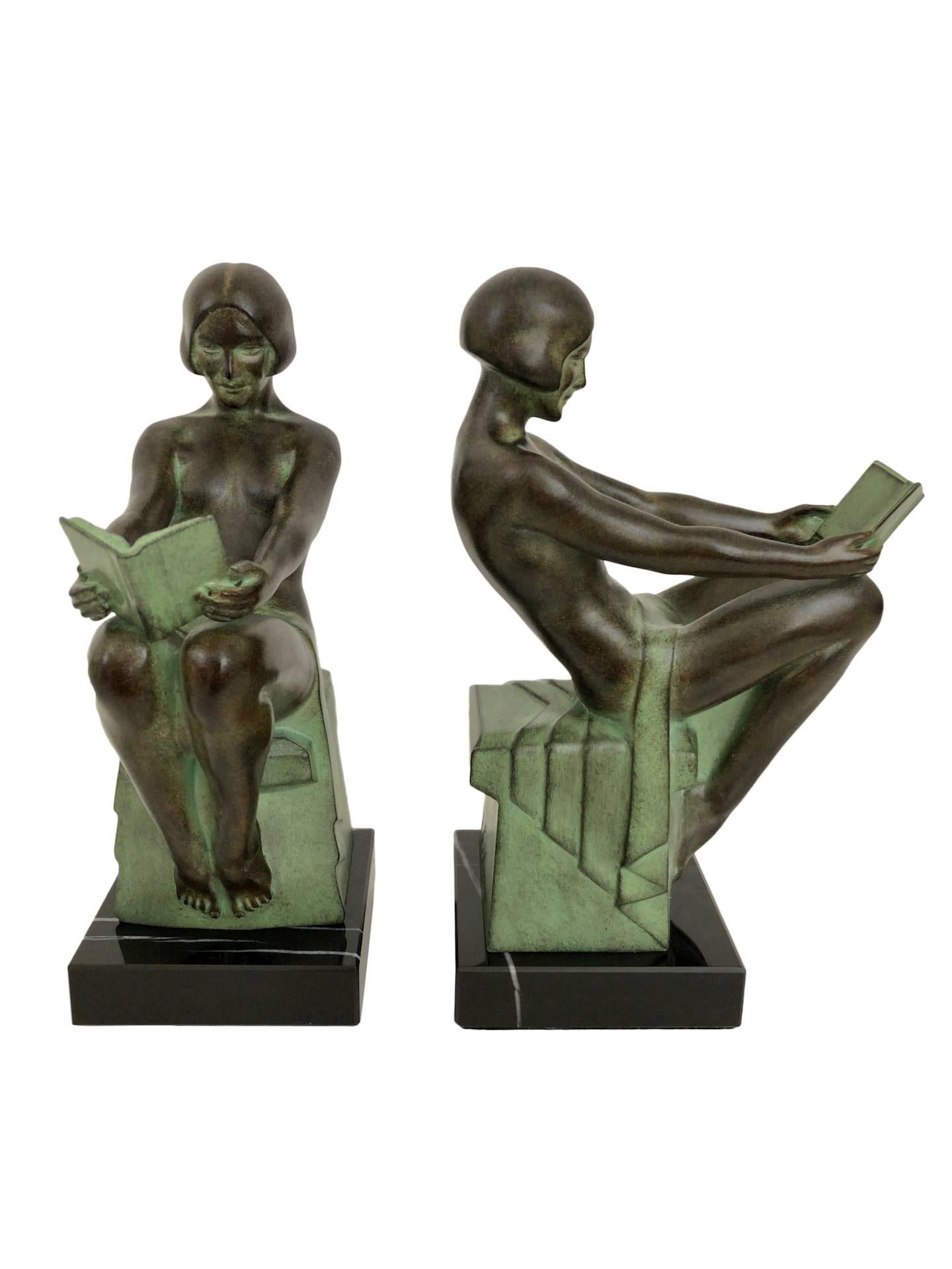 Marble Delassement by Max Le Verrier Art Deco Style Bookends Sculptures Reading Ladies