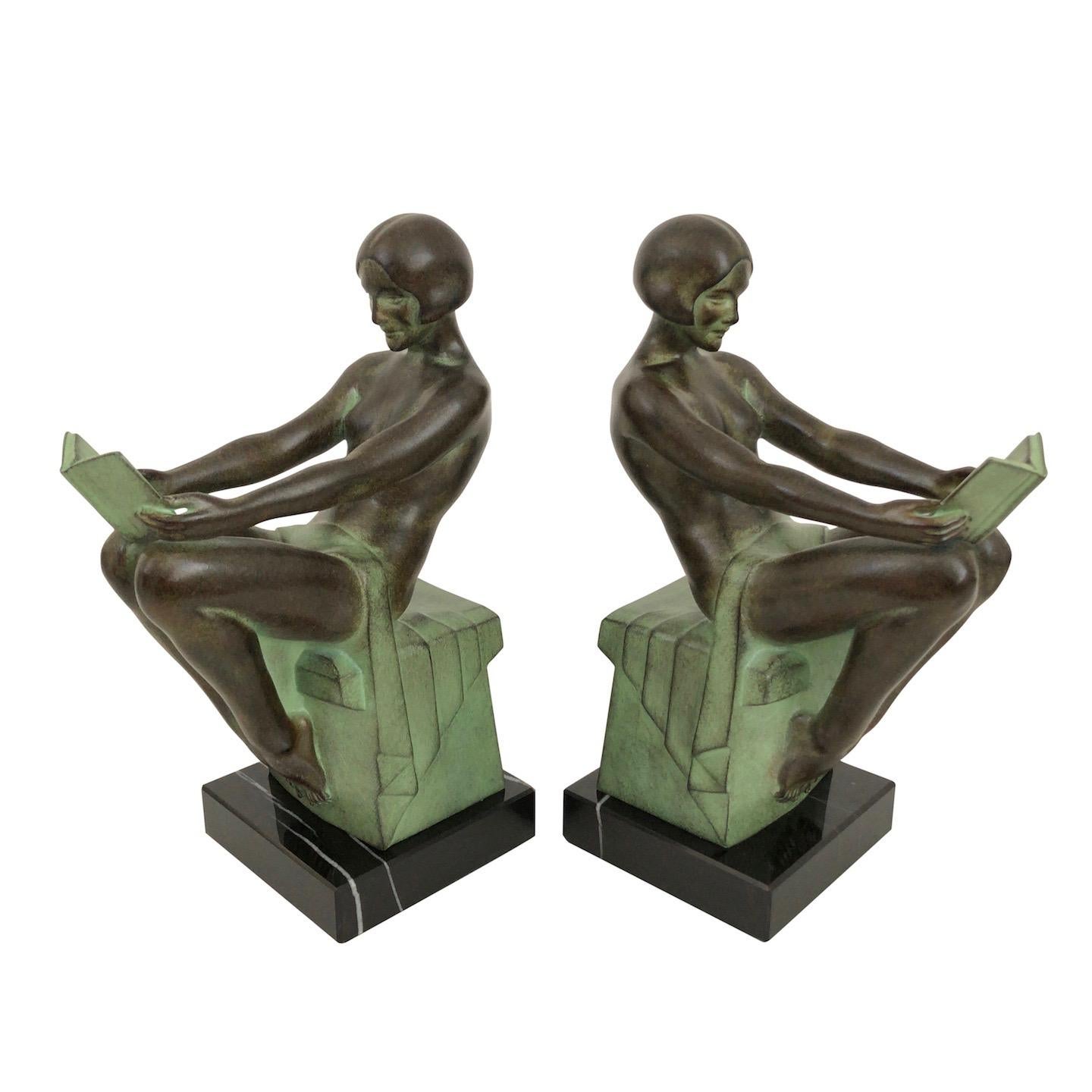 French Delassement by Max Le Verrier Art Deco Style Bookends Sculptures Reading Ladies