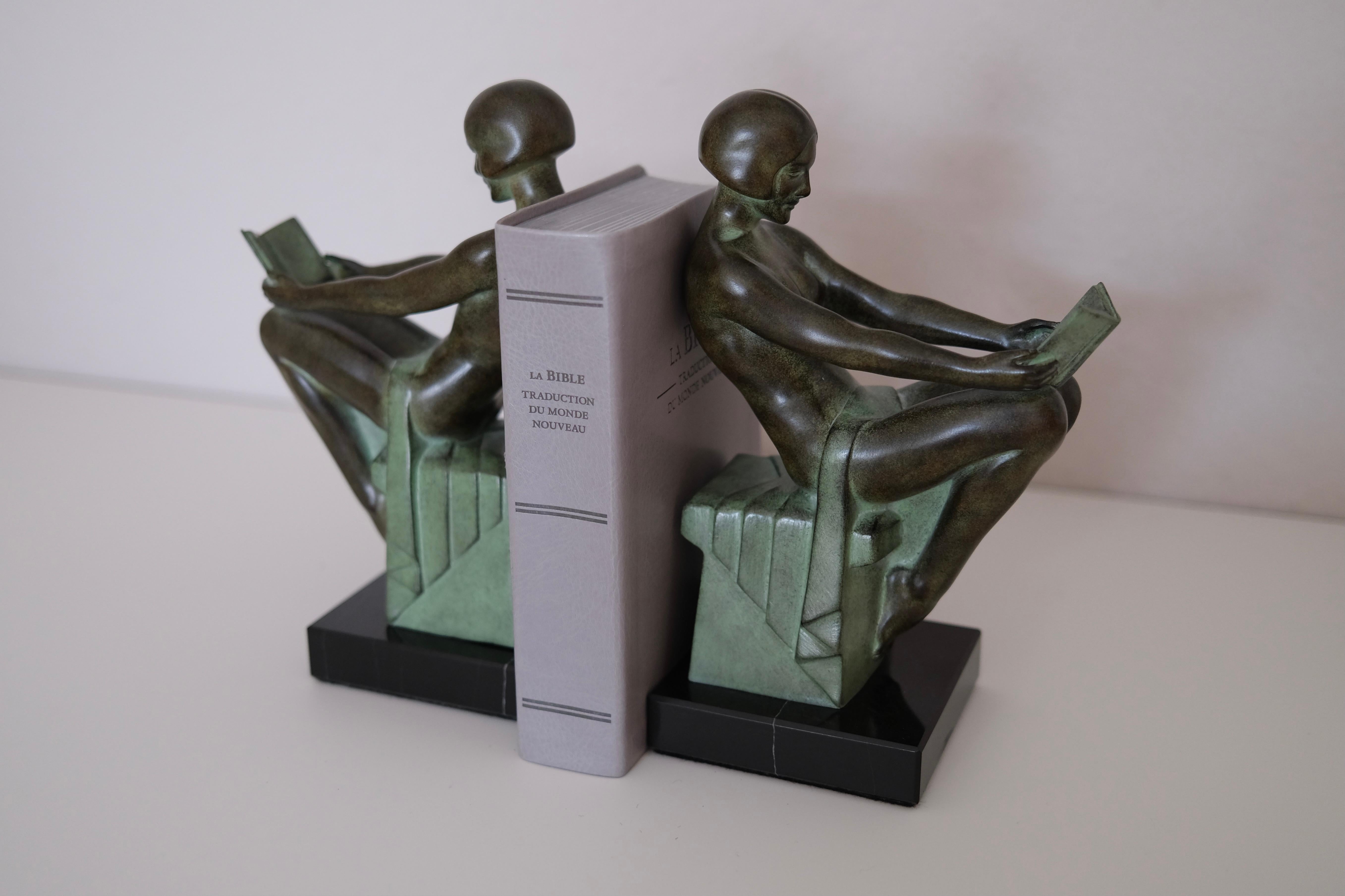 Patinated Delassement by Max Le Verrier Art Deco Style Bookends Sculptures Reading Ladies