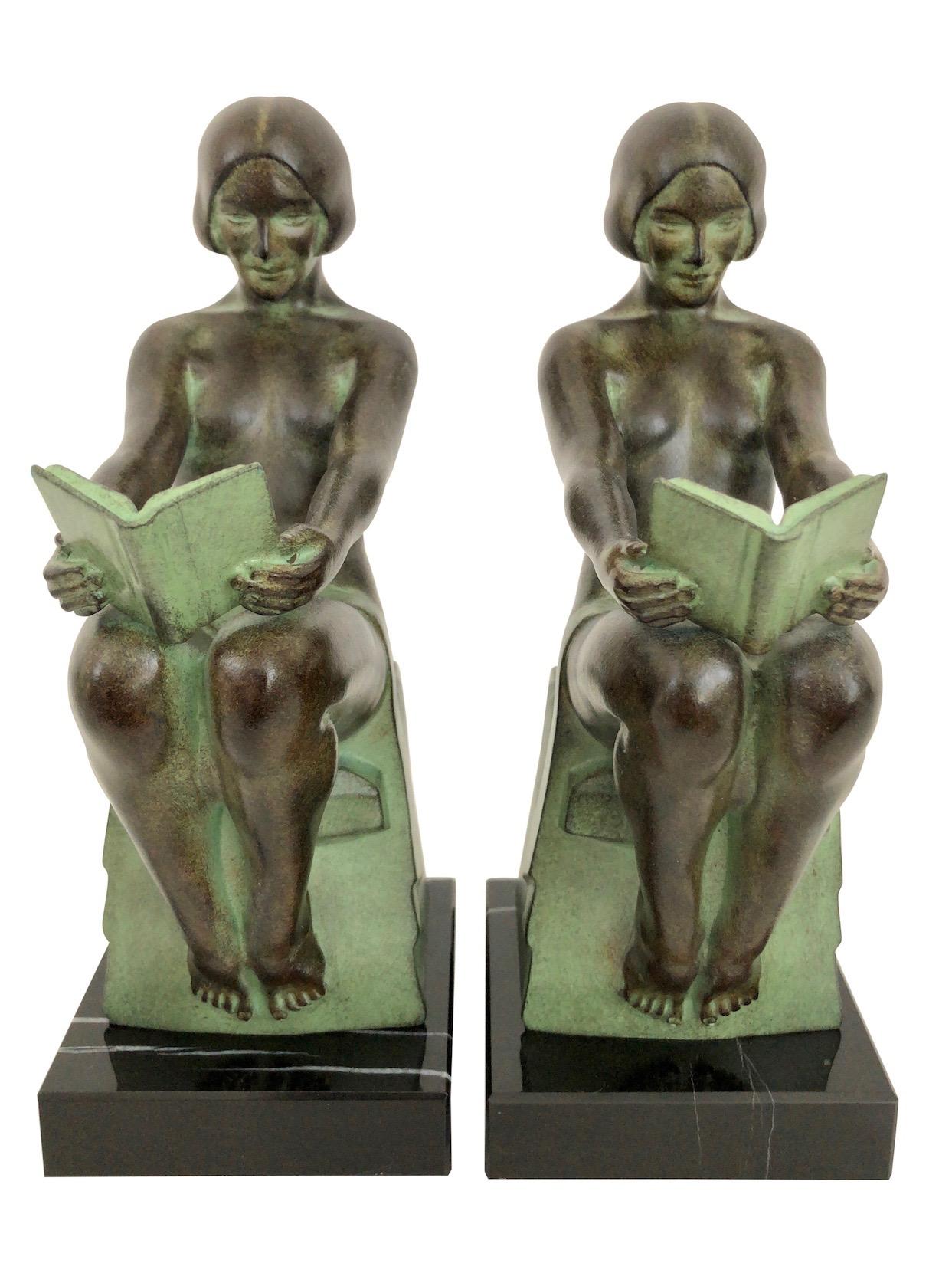 Patinated Delassement by Max Le Verrier Art Deco Style Bookends Sculptures Reading Ladies