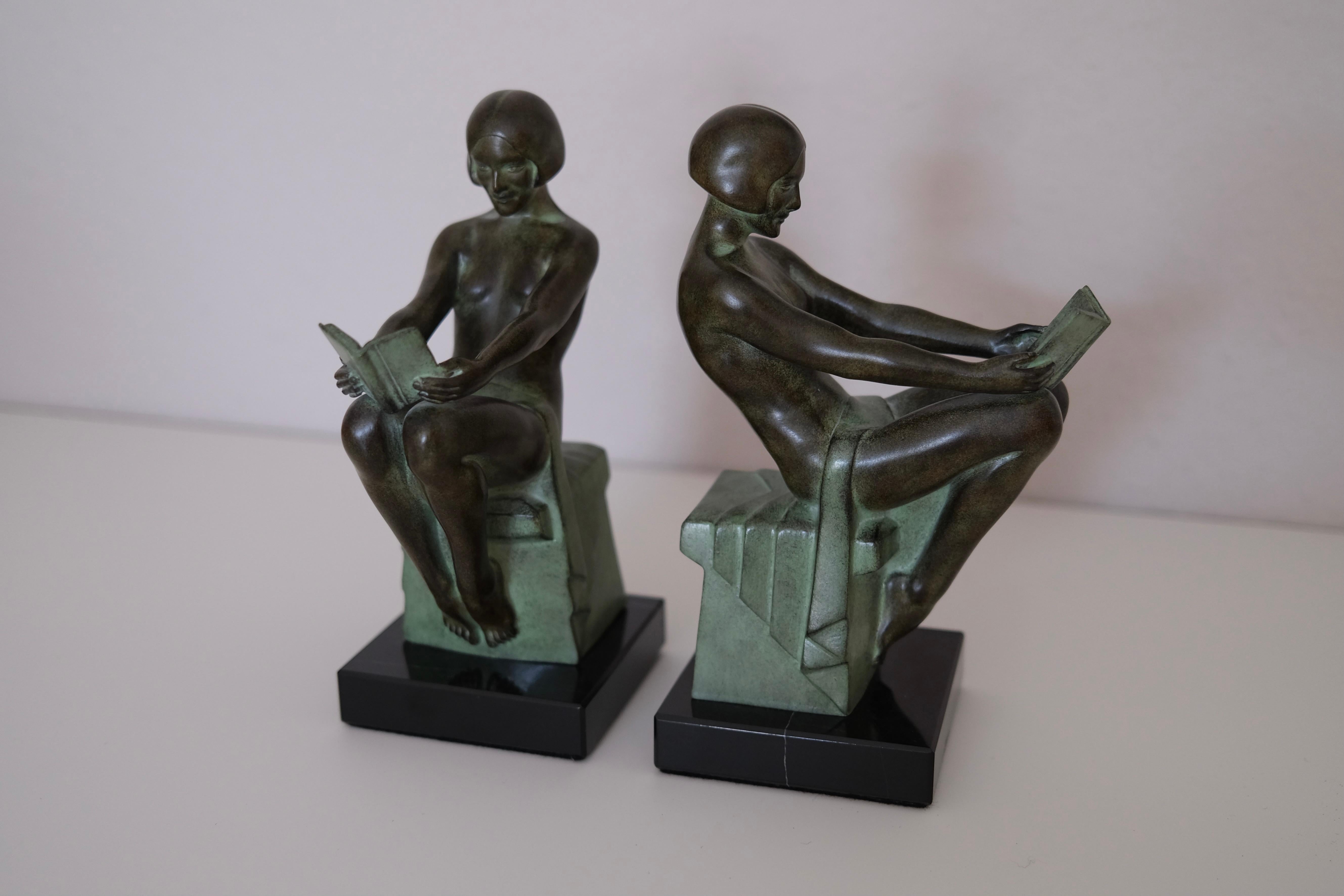 Delassement by Max Le Verrier Art Deco Style Bookends Sculptures Reading Ladies In Excellent Condition In Ulm, DE