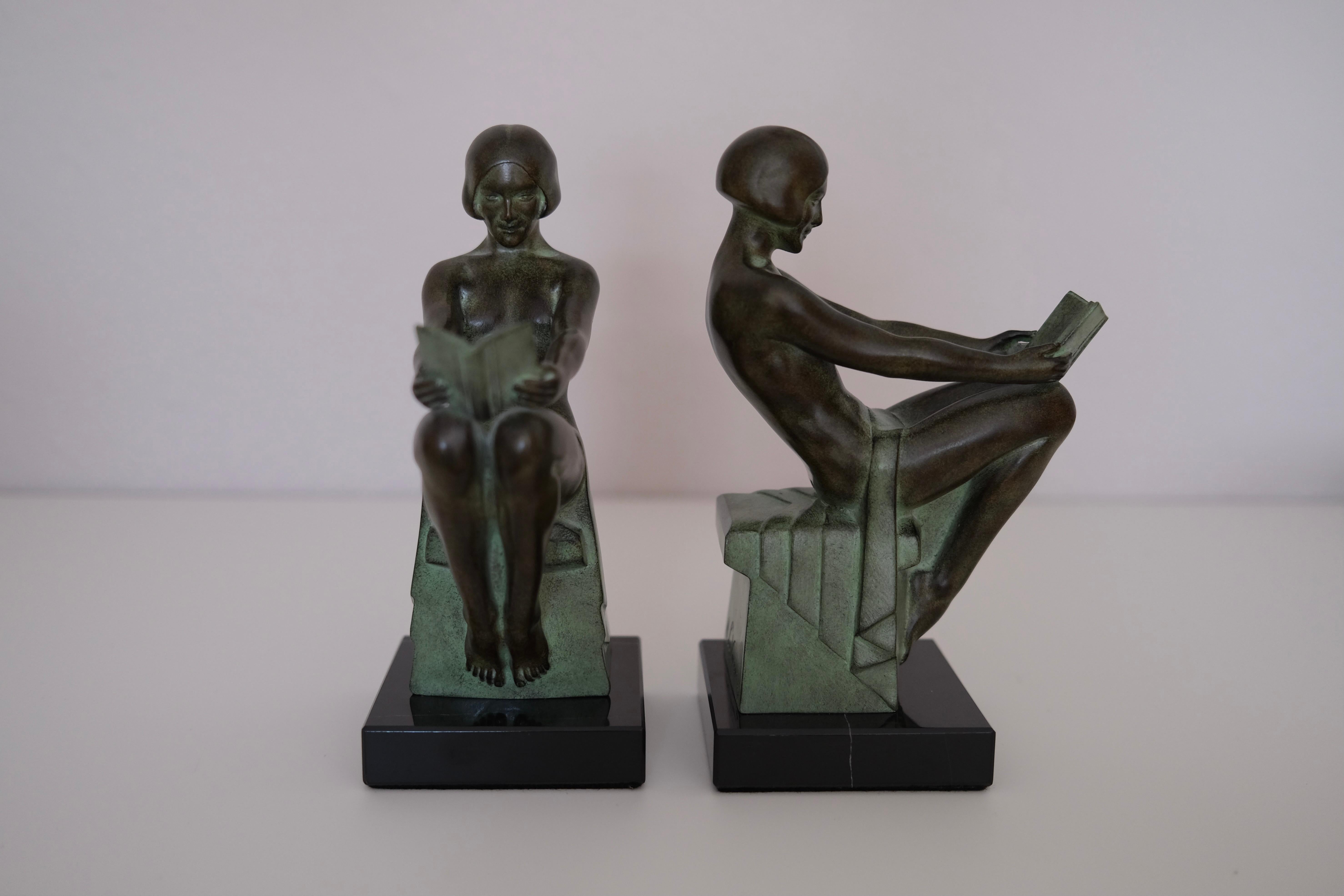 Contemporary Delassement by Max Le Verrier Art Deco Style Bookends Sculptures Reading Ladies