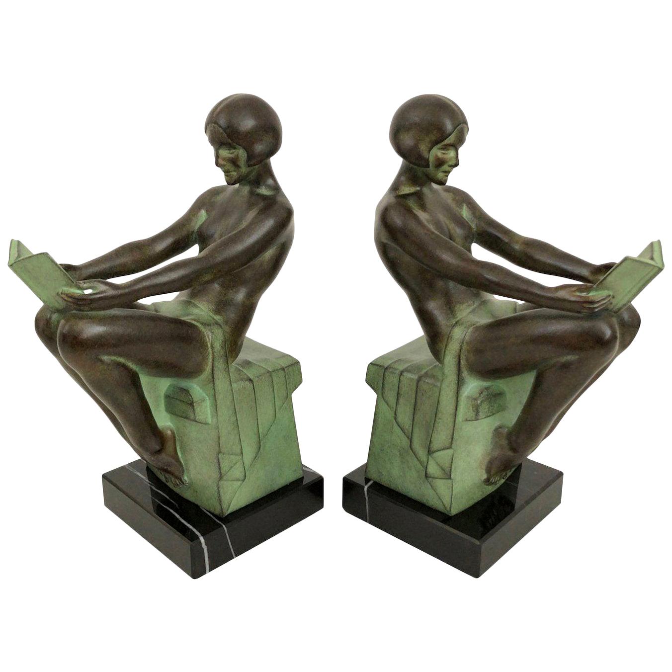 Delassement by Max Le Verrier Art Deco Style Bookends Sculptures Reading Ladies