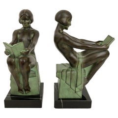 Delassement by Max Le Verrier Art Deco Style Bookends Sculptures Reading Ladies