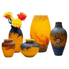 Delatte and Muller Frères Signed, Set of 5 vases in Pate de Verre, France, 1920