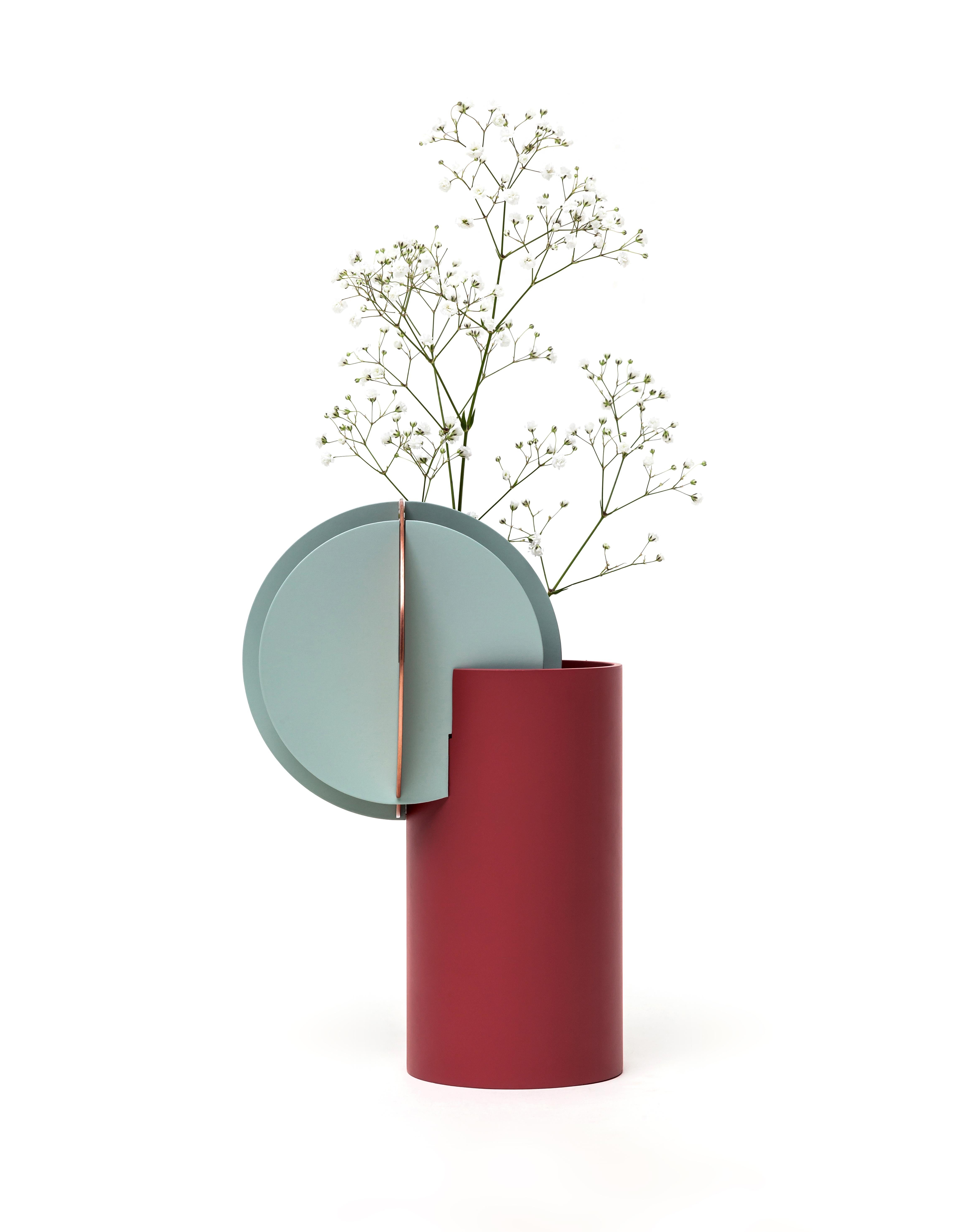Delaunay vase CS1 by NOOM
Dimensions: 17.5 cm x 15 cm x H 26.5 cm
Materials: Copper, painted steel. Color scheme: terracotta red, blue, and cooper. 

NOOM is a young rapidly growing design company from Ukraine that produces lighting, decor, and