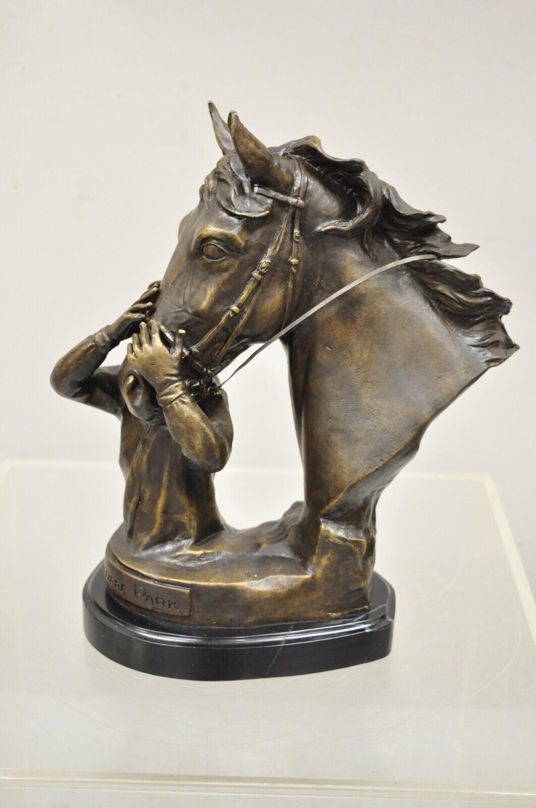 Delaware Park Bronze Equestrian Race Horse and Jockey Embrace Sculpture 2