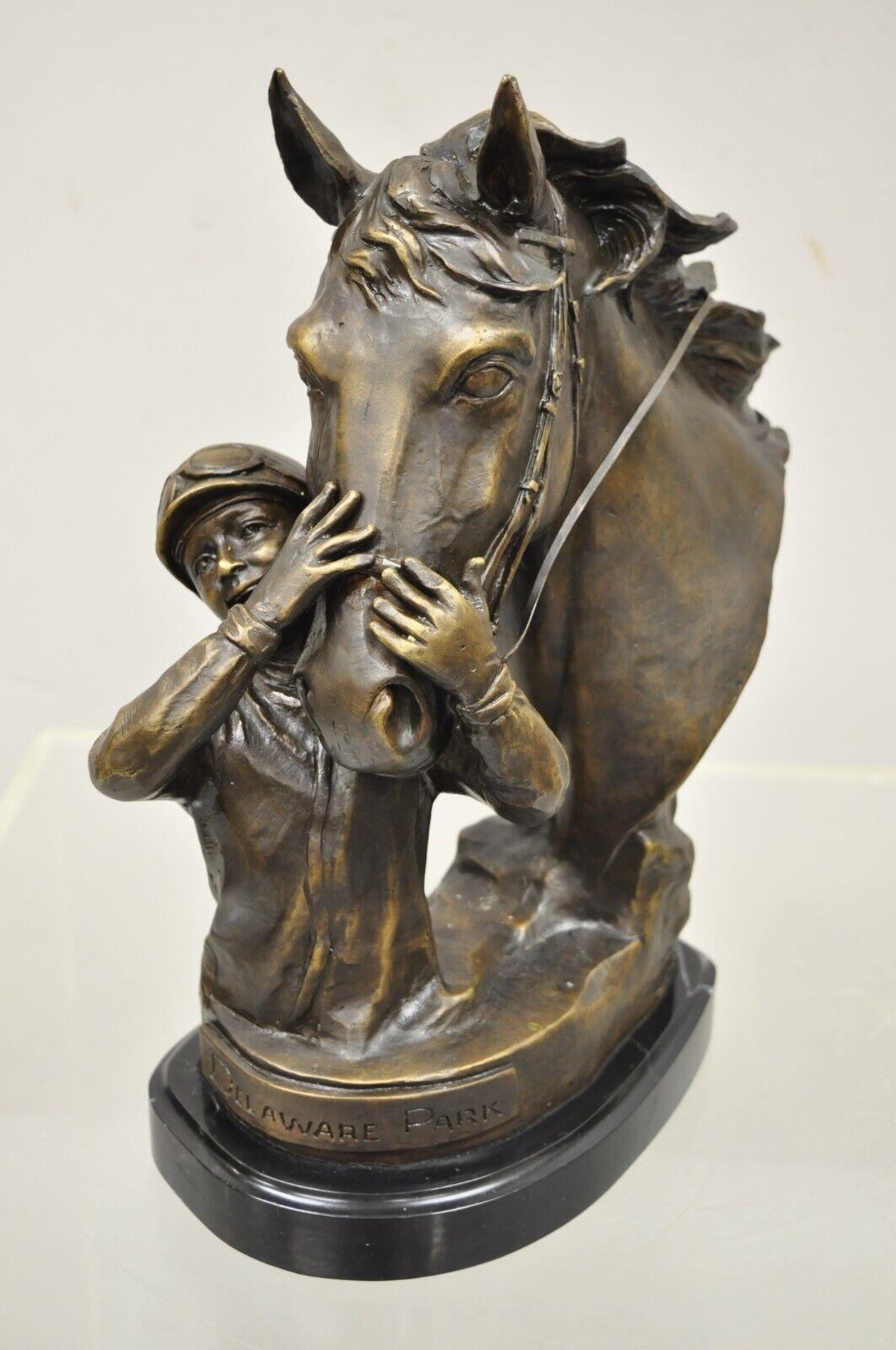 Delaware Park Bronze Equestrian Race Horse and Jockey Embrace Sculpture 3