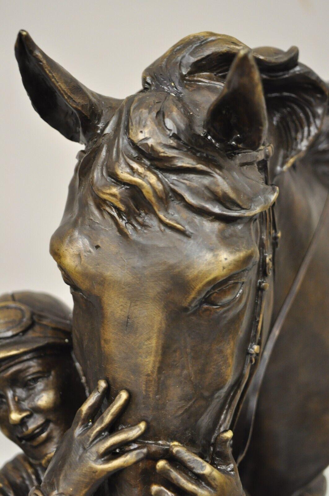 Art Deco Delaware Park Bronze Equestrian Race Horse and Jockey Embrace Sculpture