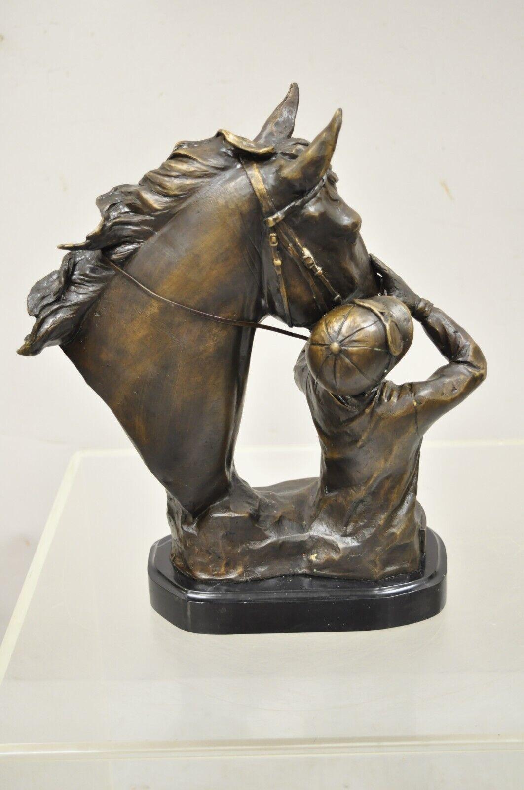 20th Century Delaware Park Bronze Equestrian Race Horse and Jockey Embrace Sculpture