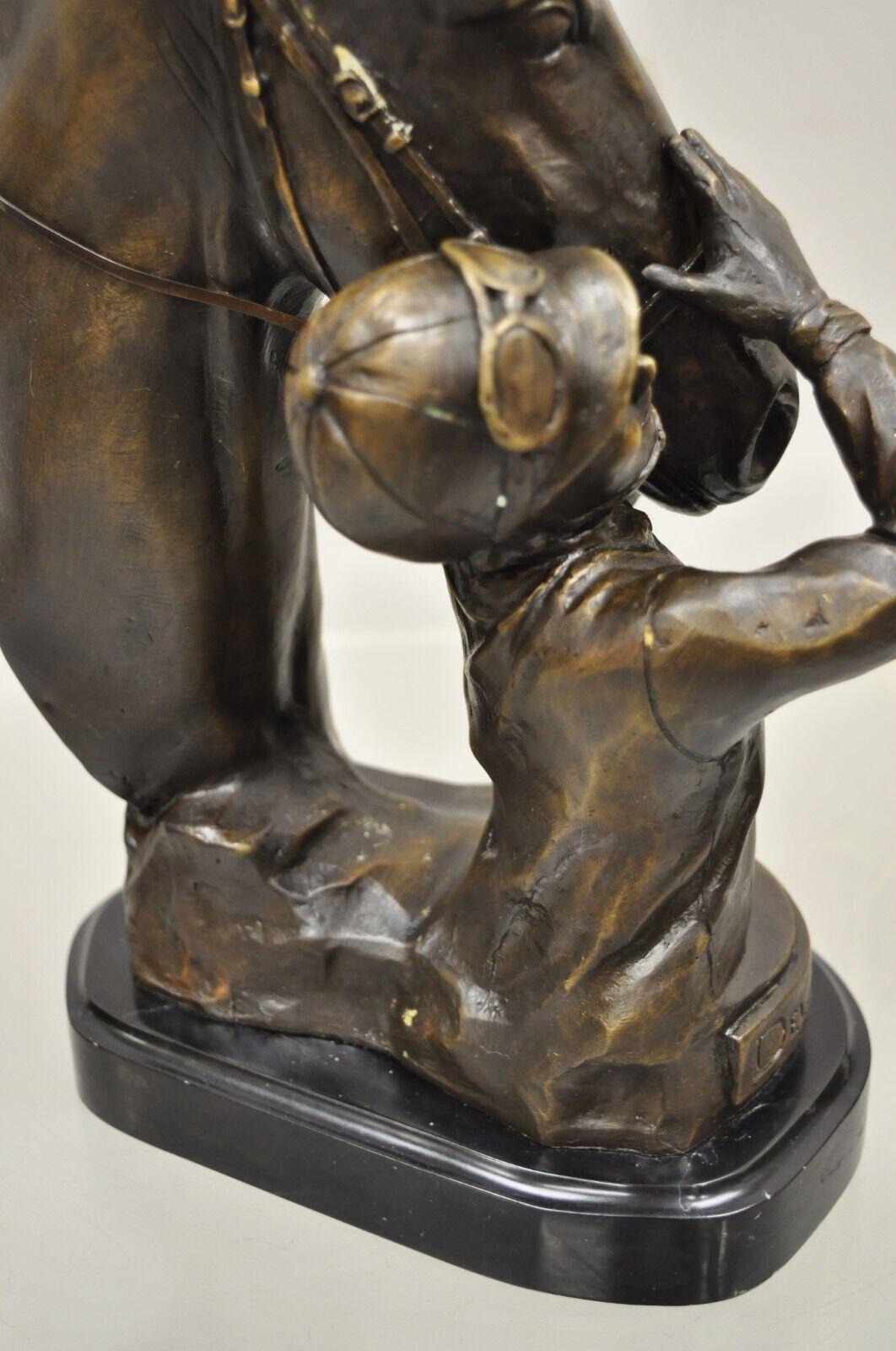 Delaware Park Bronze Equestrian Race Horse and Jockey Embrace Sculpture 1