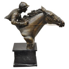 Vintage Delaware Park Bronze Equestrian Race Horse and Jockey Rider Bust Sculpture