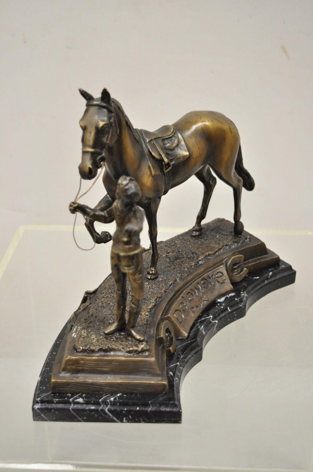 20th Century Delaware Park Bronze Equestrian Rider Jockey Leading Race Horse Lantern Statue For Sale