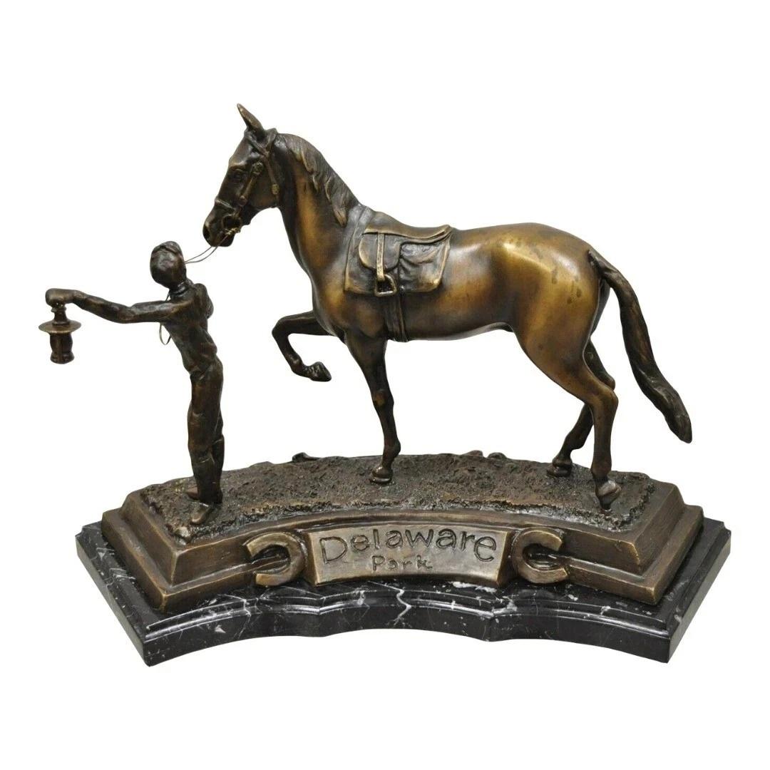 Delaware Park Bronze Equestrian Rider Jockey Leading Race Horse Lantern Statue For Sale