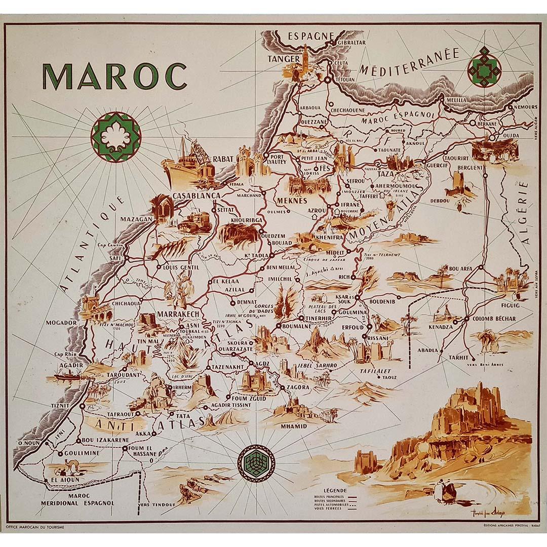 Belle carte illustrée du Maroc réalisée en 1950 par Delaye. Les routes principales, les voies ferrées et les chemins de fer sont représentés. Cette carte illustrée est imprimée par Perceval à Rabat.

Carte - Afrique du Nord