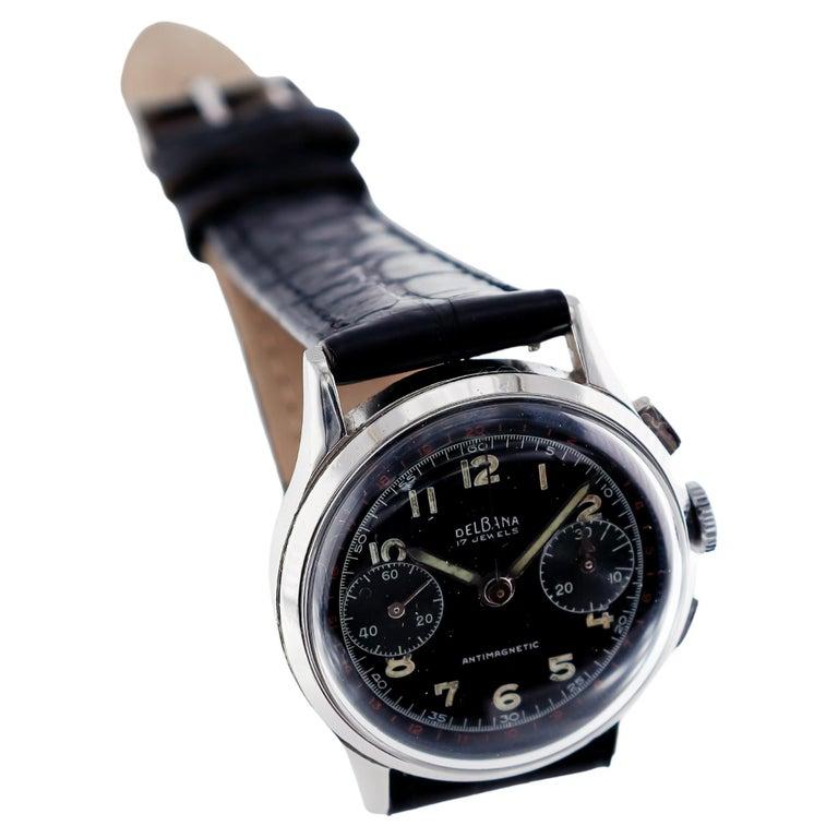 Art Deco Delbana Stainless Steel Chronograph Black Dial Manual Watch, circa 1940s For Sale