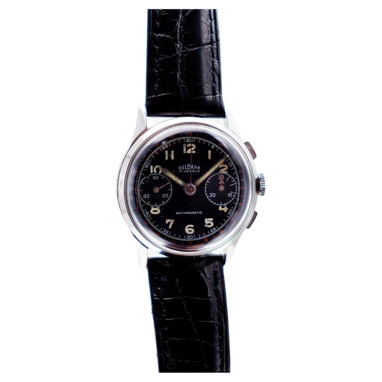 Delbana Stainless Steel Chronograph Black Dial Manual Watch, circa 1940s For Sale 1