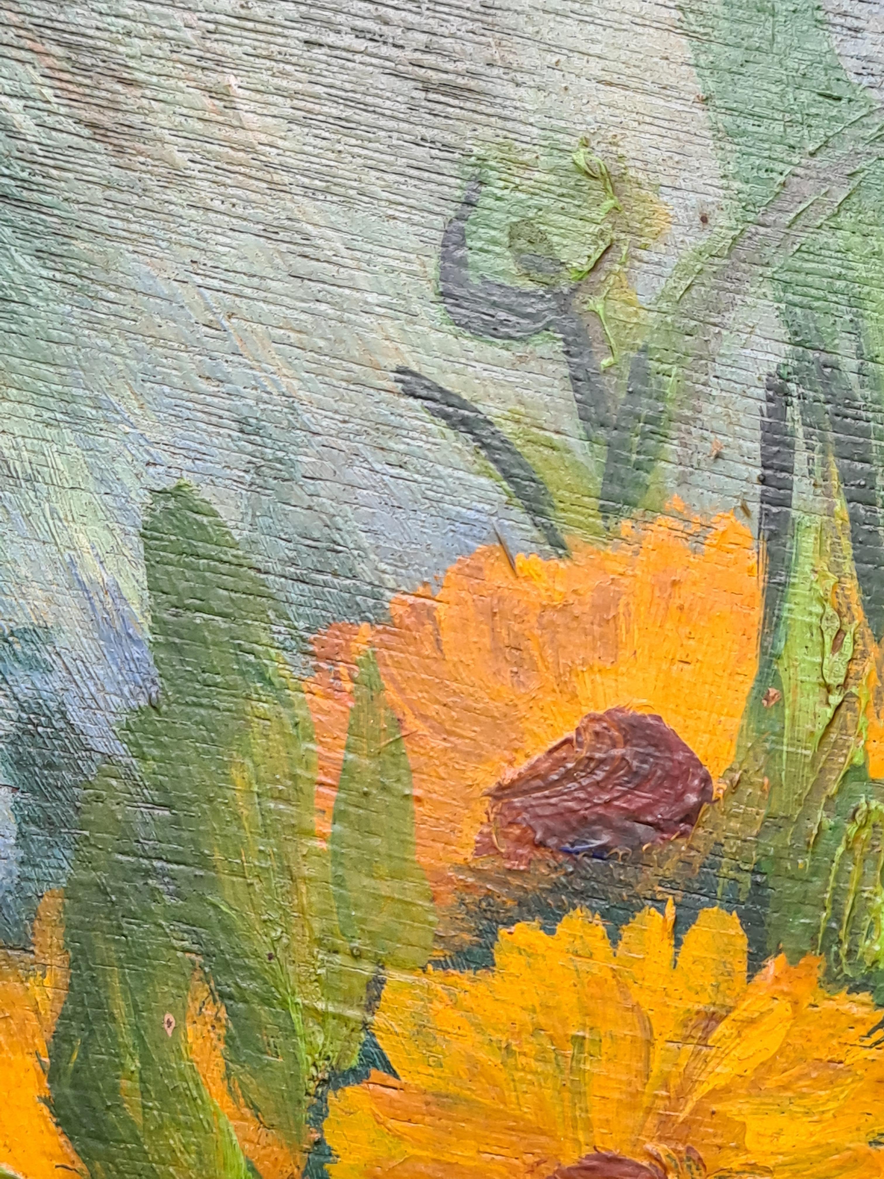 French oil on panel still life of sunflowers in a typical provencal glazed vase by Deldos. The work is signed and dated bottom right and presented in a wood, plaster and gilt frame.

A charming rendition of a vase of flowers, sunflowers, that have