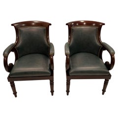 Delectable Rich Pair of Hancock & Moore Blue Leather and Mahogany Club Chairs