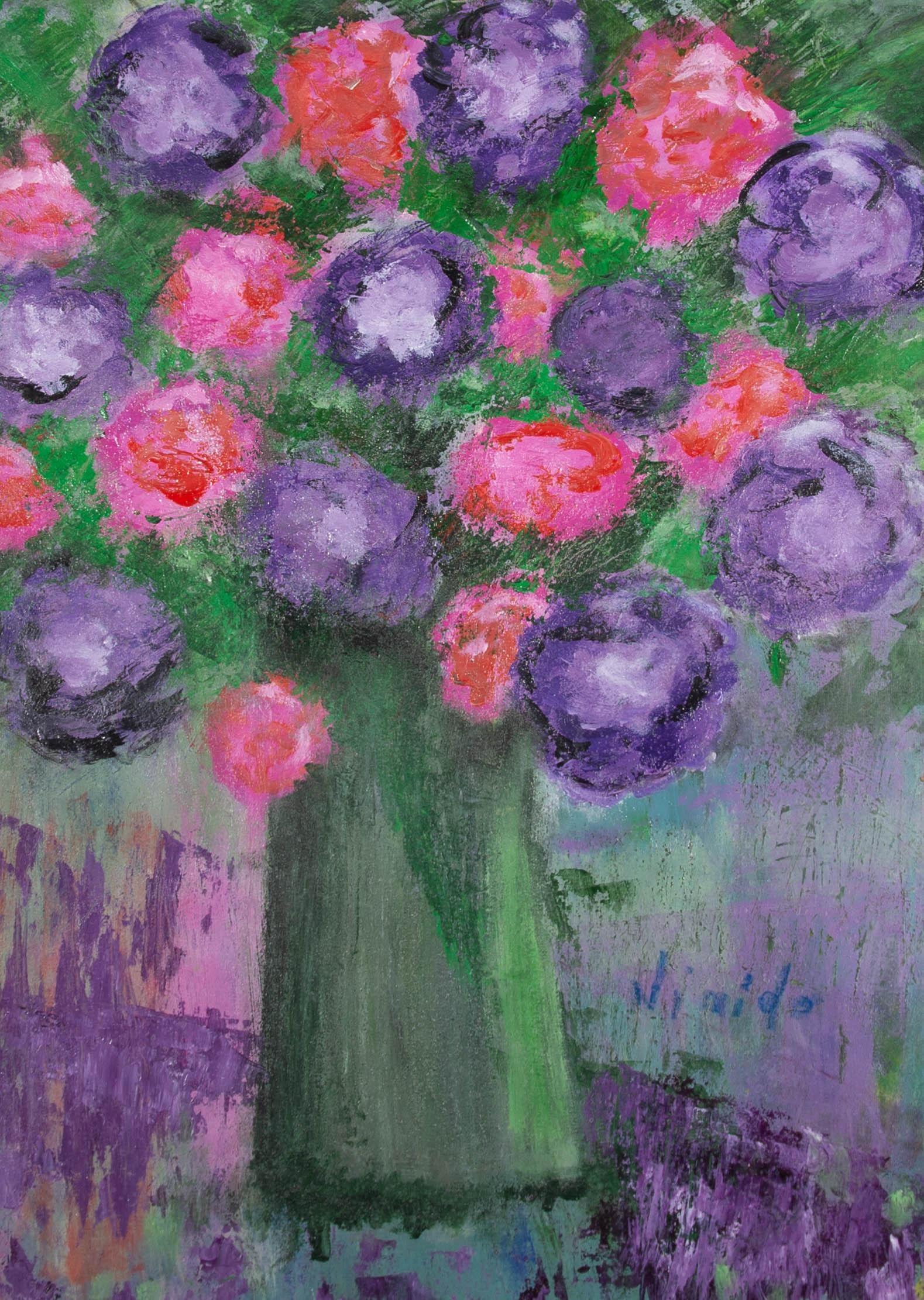 Deleuze - 2005 Oil, Purple & Pink Flowers in Green Vase For Sale 1