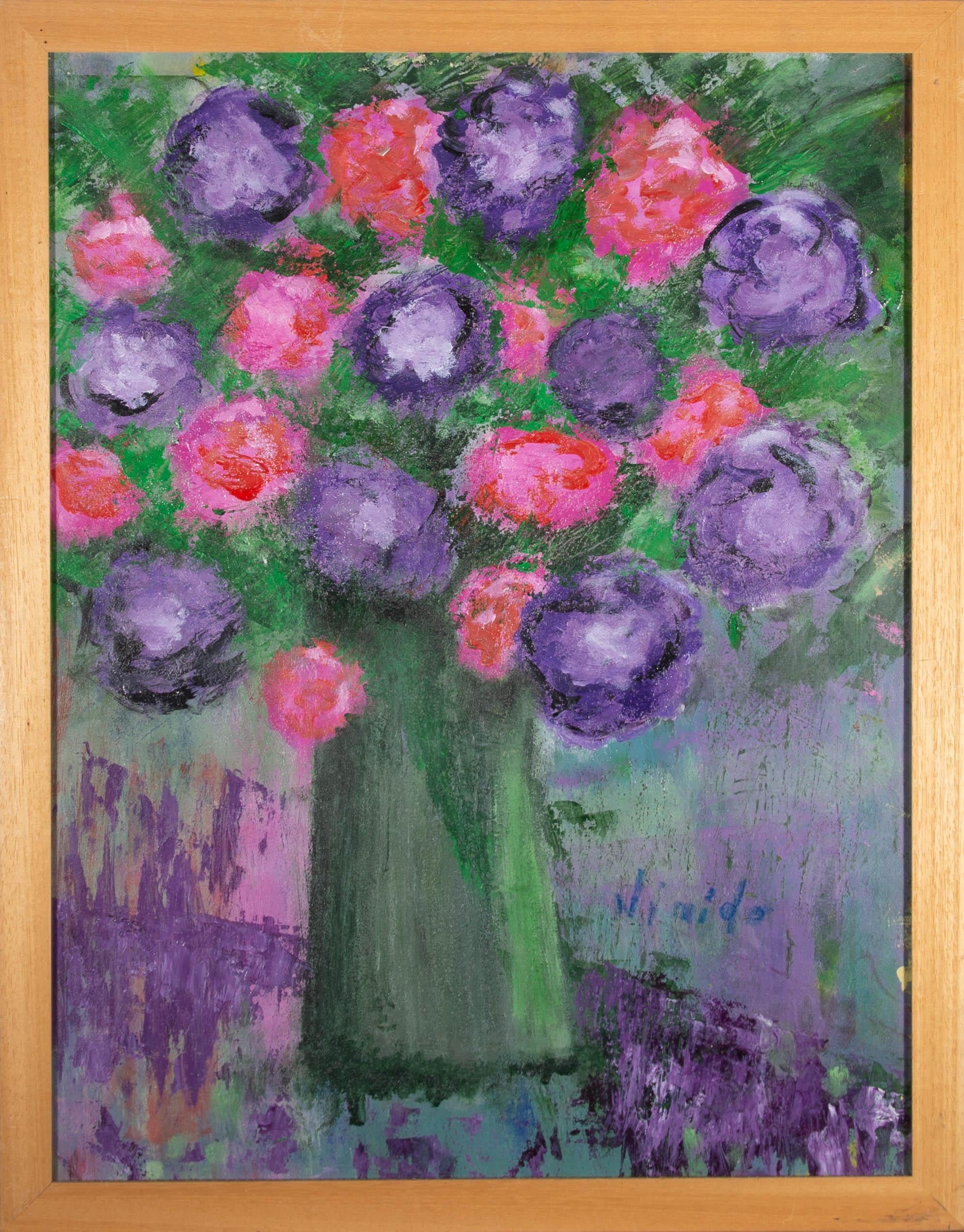 A captivating oil painting, depicting a still life of purple and pink flowers in a green vase. This painting is by Mde Deleuze, under a project of the Valetudo Association. Created in 1995 and coordinated since by doctor Jean-Marc Boulon, the