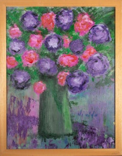 Deleuze - 2005 Oil, Purple & Pink Flowers in Green Vase