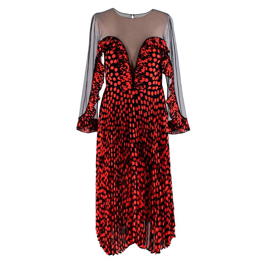Delfi Red & Black Polka Dots Pleated Midi Dress 

-Sheer tulle panels to the back, chest and sleeves 
-Gorgeous deep sweetheart neckline 
-Pleated trim detail to the neckline that goes on to the sleeve 
-Pleated midi length skirt
Zip and hook
