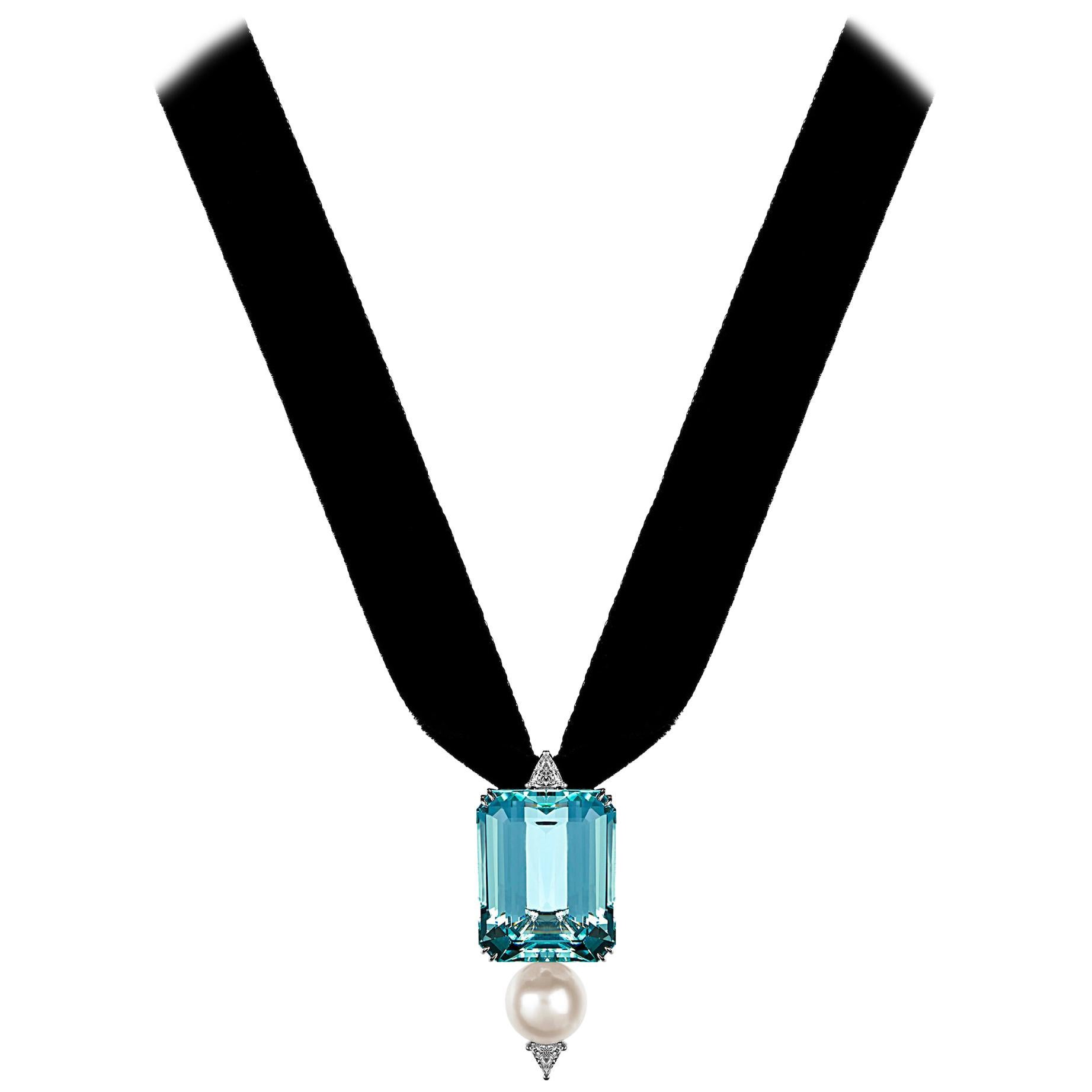 DELFINA DELETTREZ Aquamarine Pearl Diamond 18 Karat White Gold Pendant Necklace For Sale