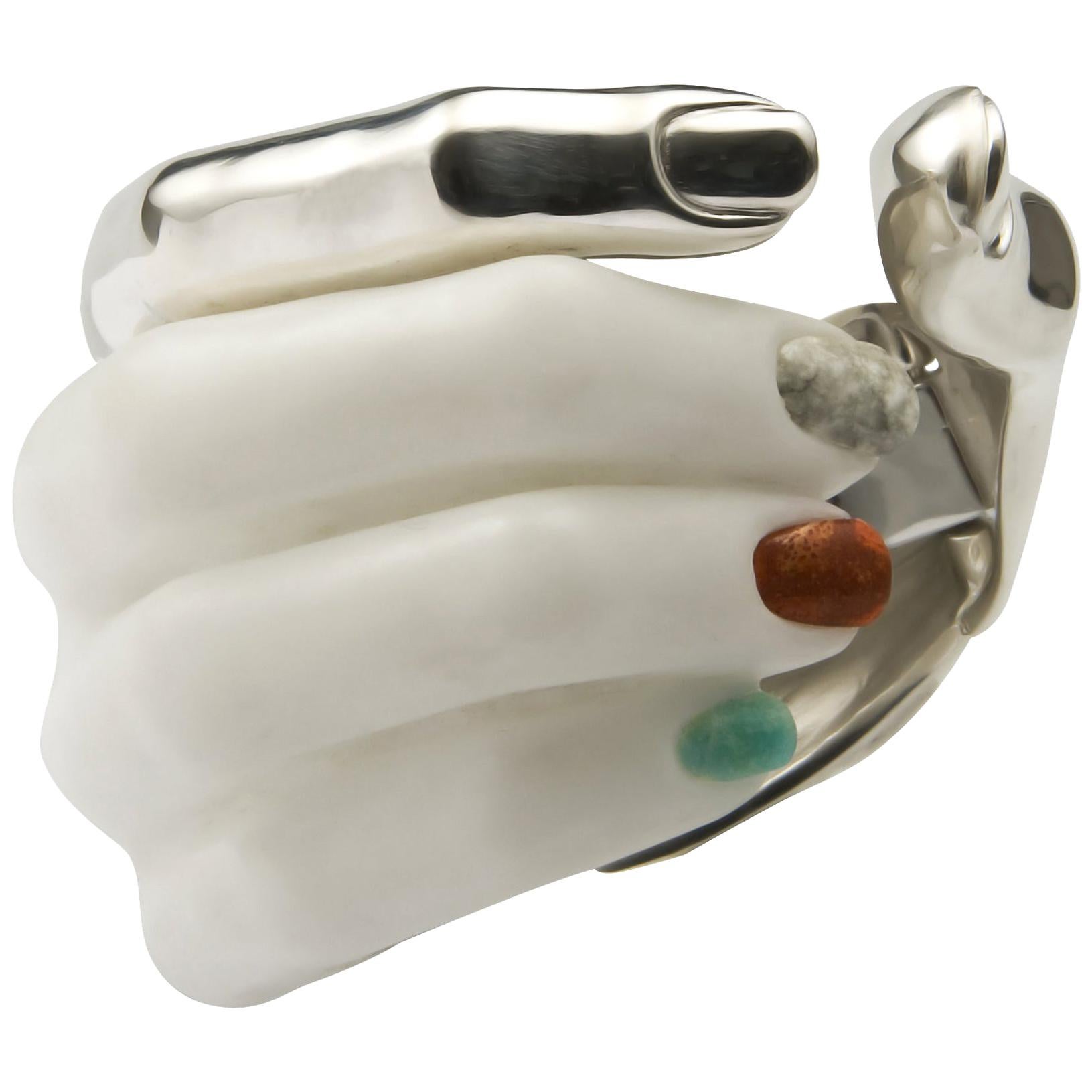 DELFINA DELETTREZ Carrara Marble Silver Stonehand Cuff Bracelet For Sale