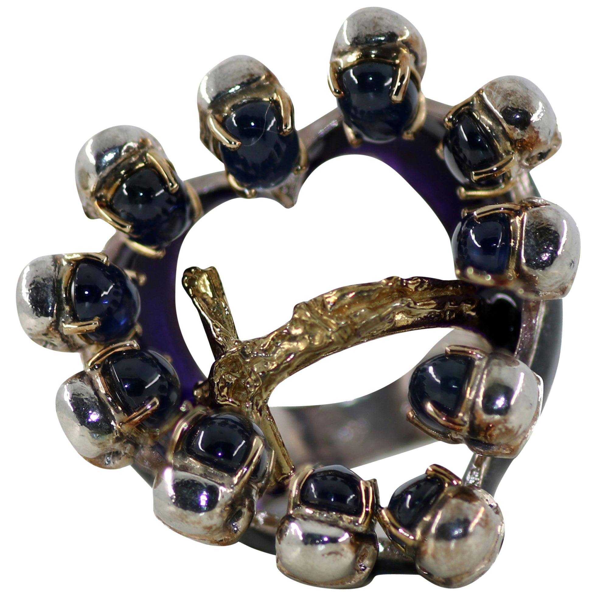 DELFINA DELETTREZ Crucifix Skulls Sapphire Gold Silver Ring For Sale