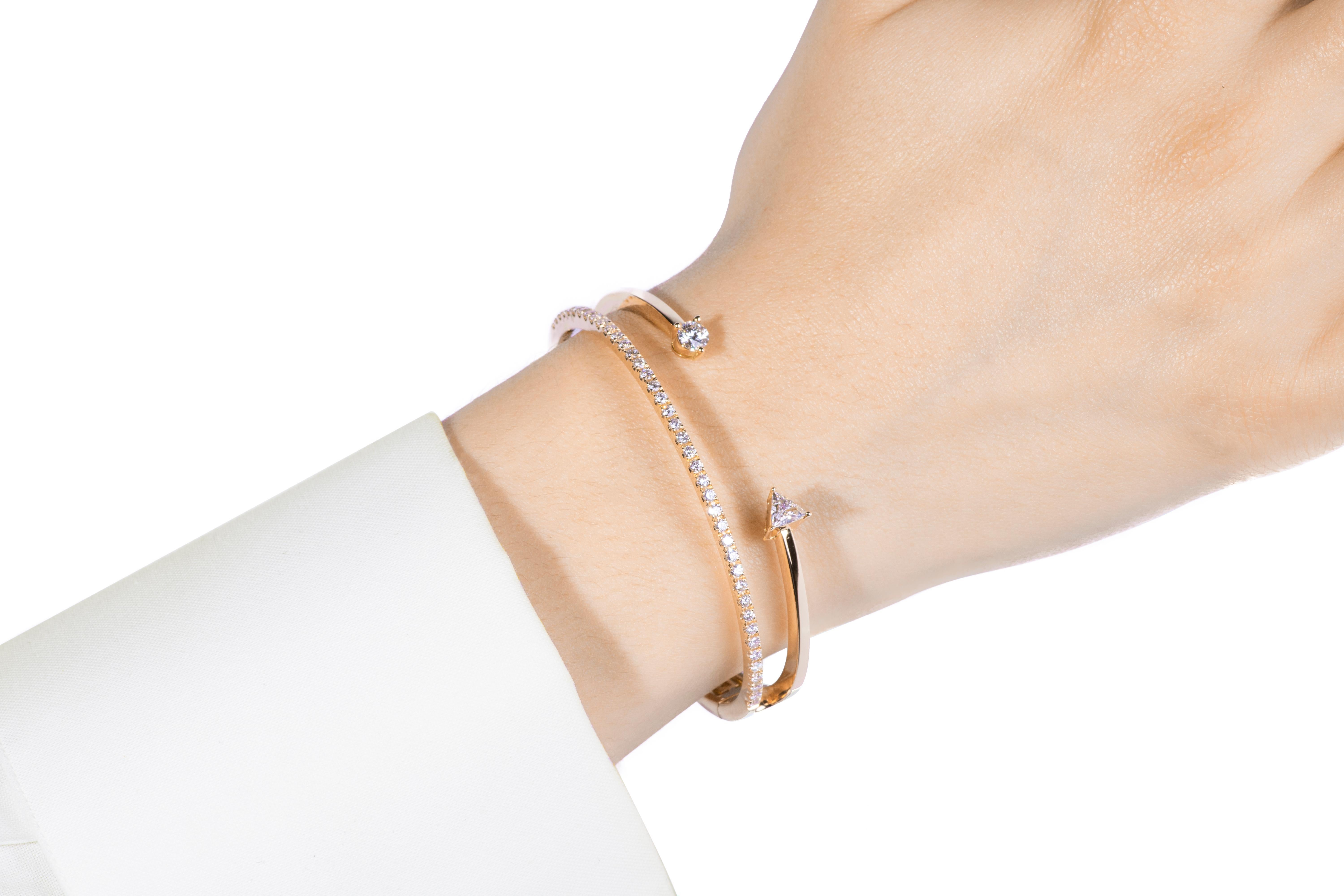 This unique bracelet is part of the Marry Me collection by Delfina Delettrez, designed to challenge traditional engagement jewellery codes. The bracelet is handcrafted in Rome from 47 gr gold 18k and features a band of 41 diamonds 1 ct., one round