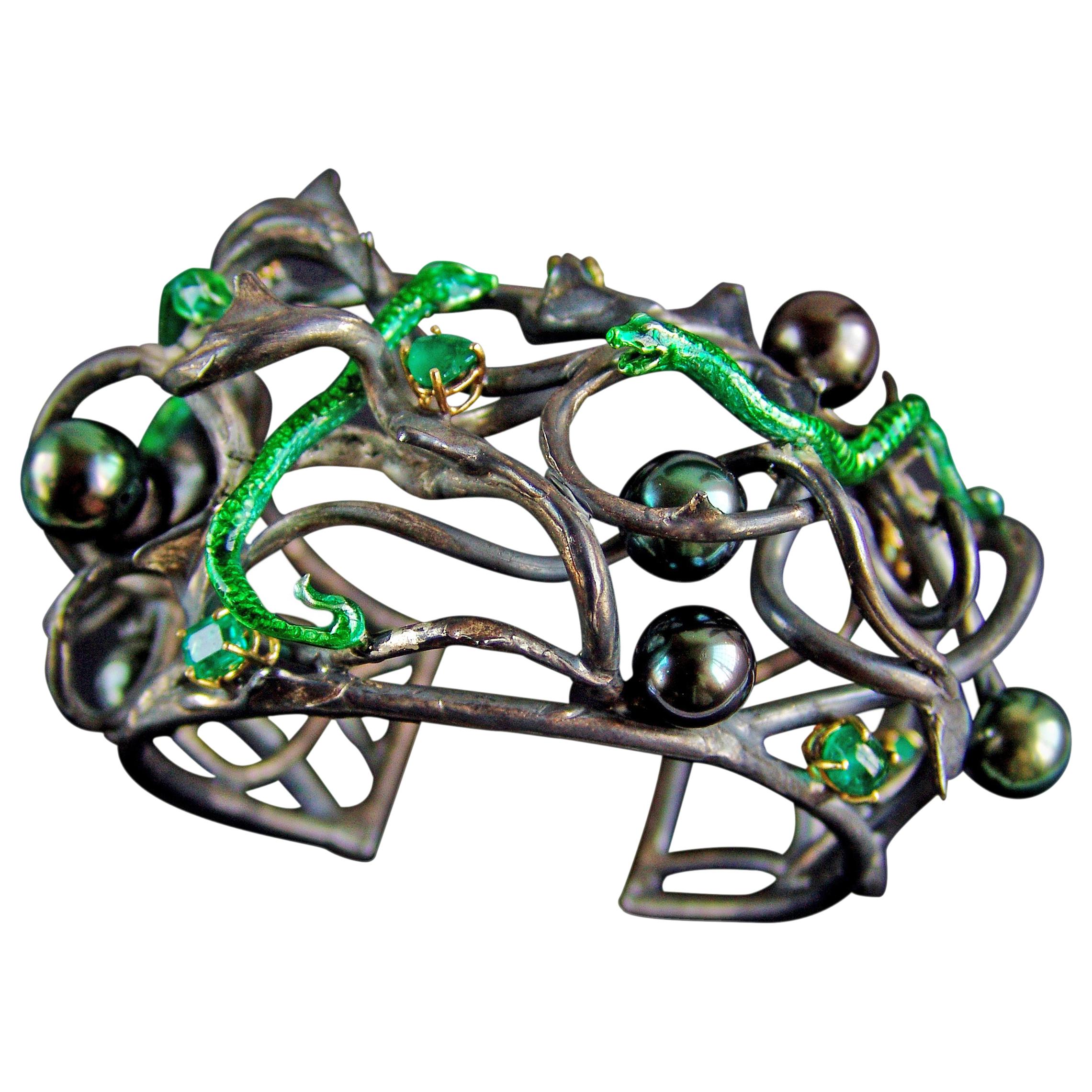 DELFINA DELETTREZ Emerald Gold Silver Bracelet With Snakes For Sale