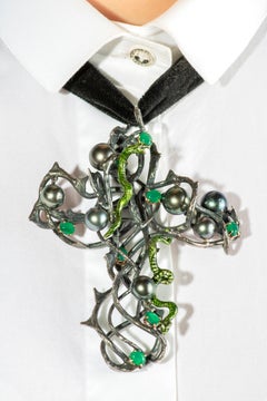 DELFINA DELETTREZ Emerald Gold Silver Cross Snakes Pendant