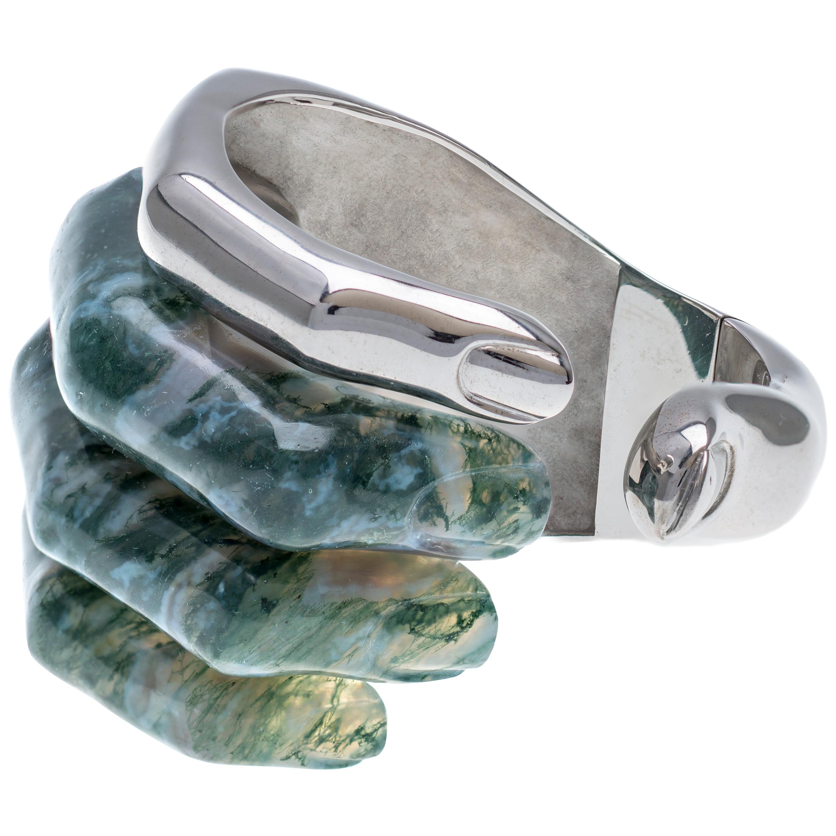 DELFINA DELETTREZ Moss Agate Silver Stonehand Cuff Bracelet For Sale