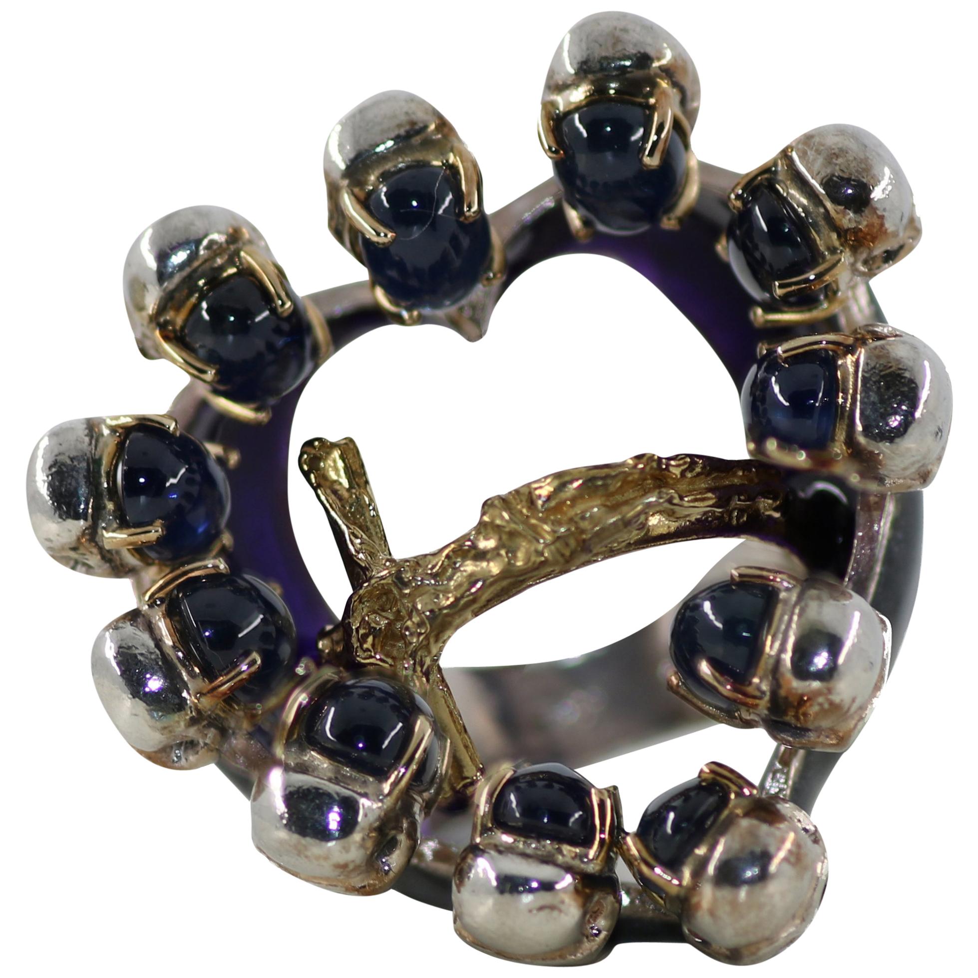 DELFINA DELETTREZ Sapphire Gold Silver Crucifix Cocktail Ring For Sale