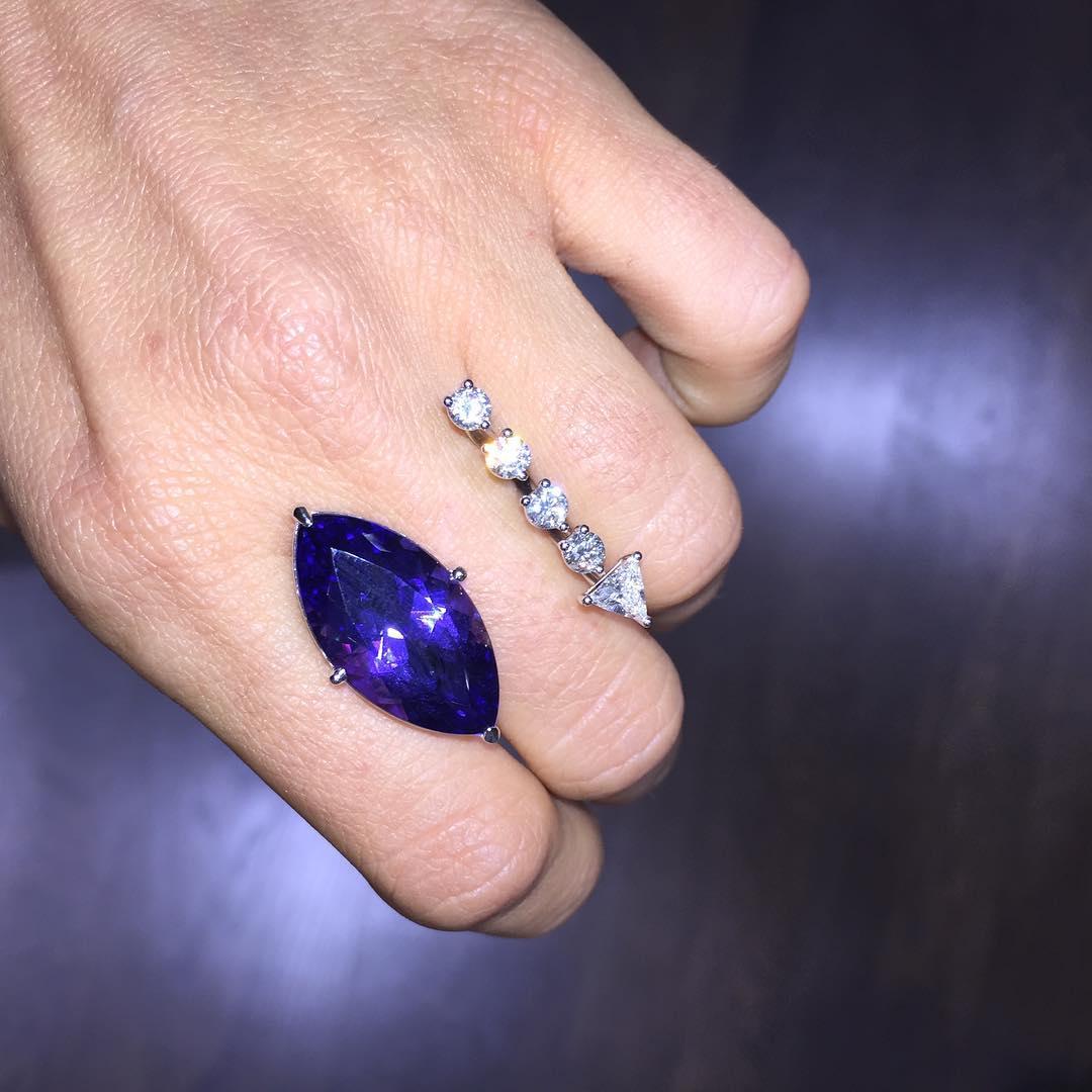 Trillion Cut DELFINA DELETTREZ Tanzanite Diamond 18 Karat Gold Open Ring For Sale