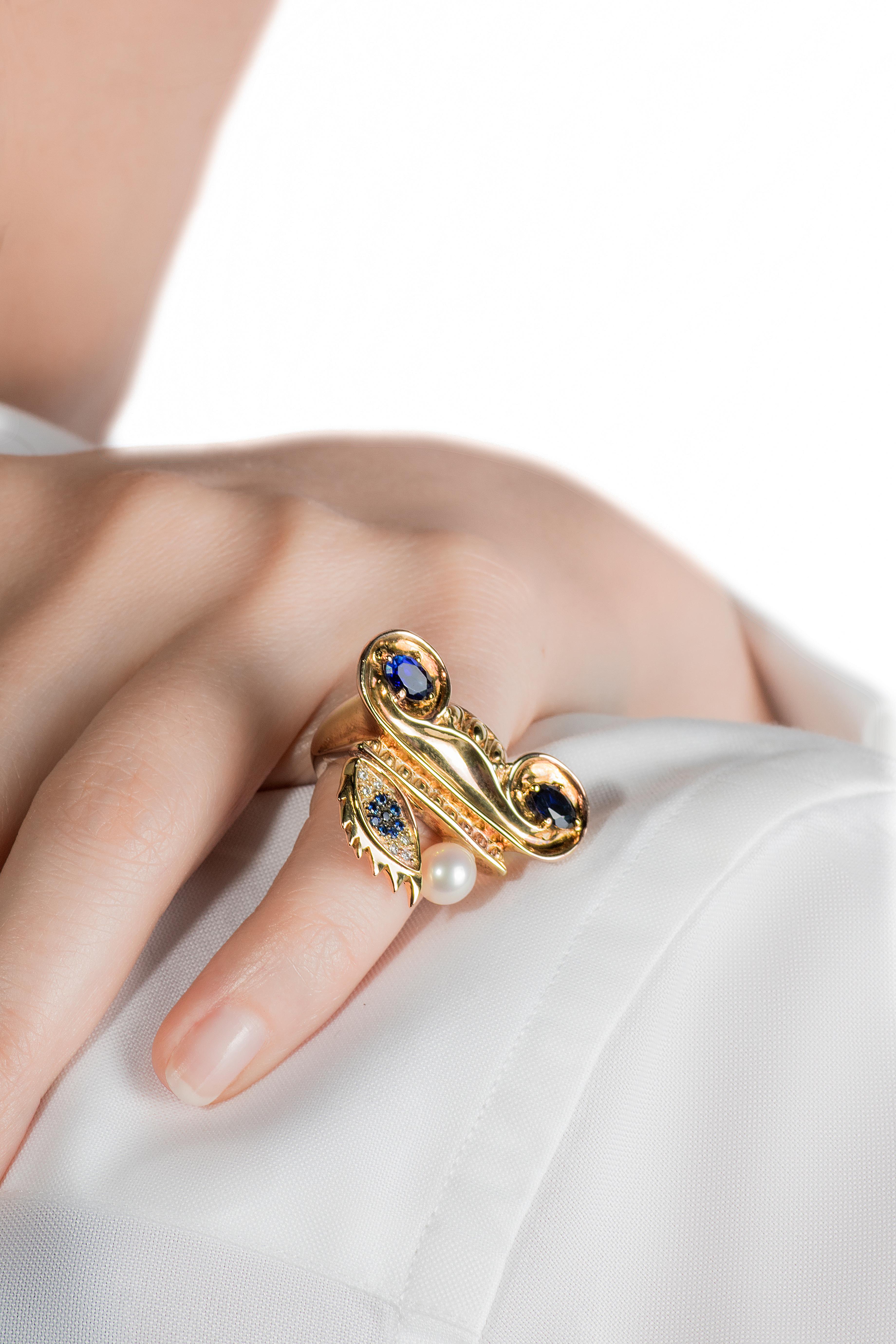 DELFINA DELETTREZ White Diamond Sapphire Pearl 18 Karat Gold Cocktail Ring In New Condition For Sale In Roma, IT