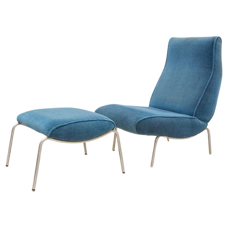 Delfino Lounge Chair with Ottoman, 1950s Blue Velvet, by Erberto Carboni, Arflex For Sale