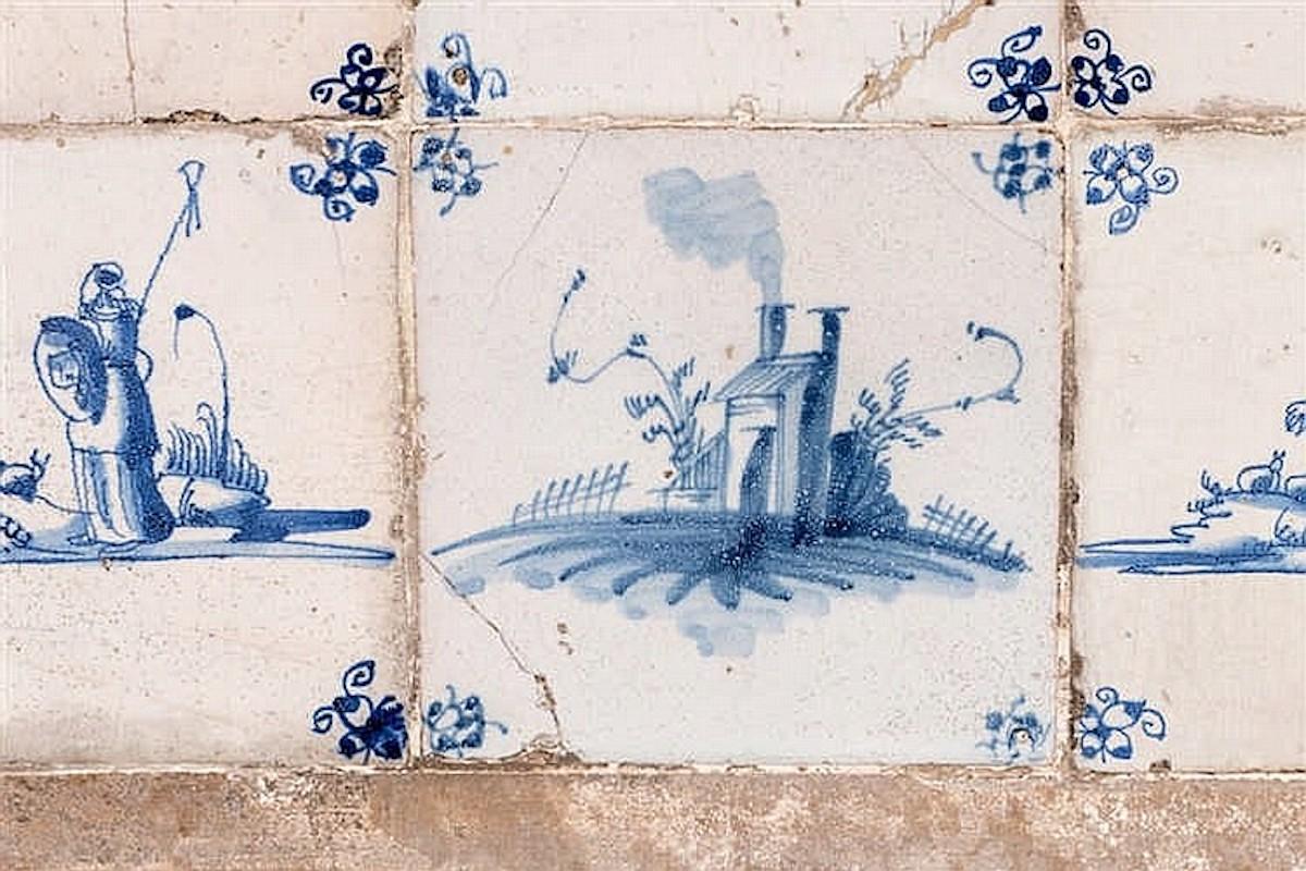 Delft, 14 Tiles, in Stone Plaque, 18 Century, Dutch Baroque, Blue and White In Good Condition In BUNGAY, SUFFOLK