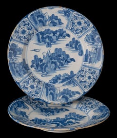 Delft 1670 Pair of Blue and White Chinoiserie Dishes Chinese Figure in Landscape