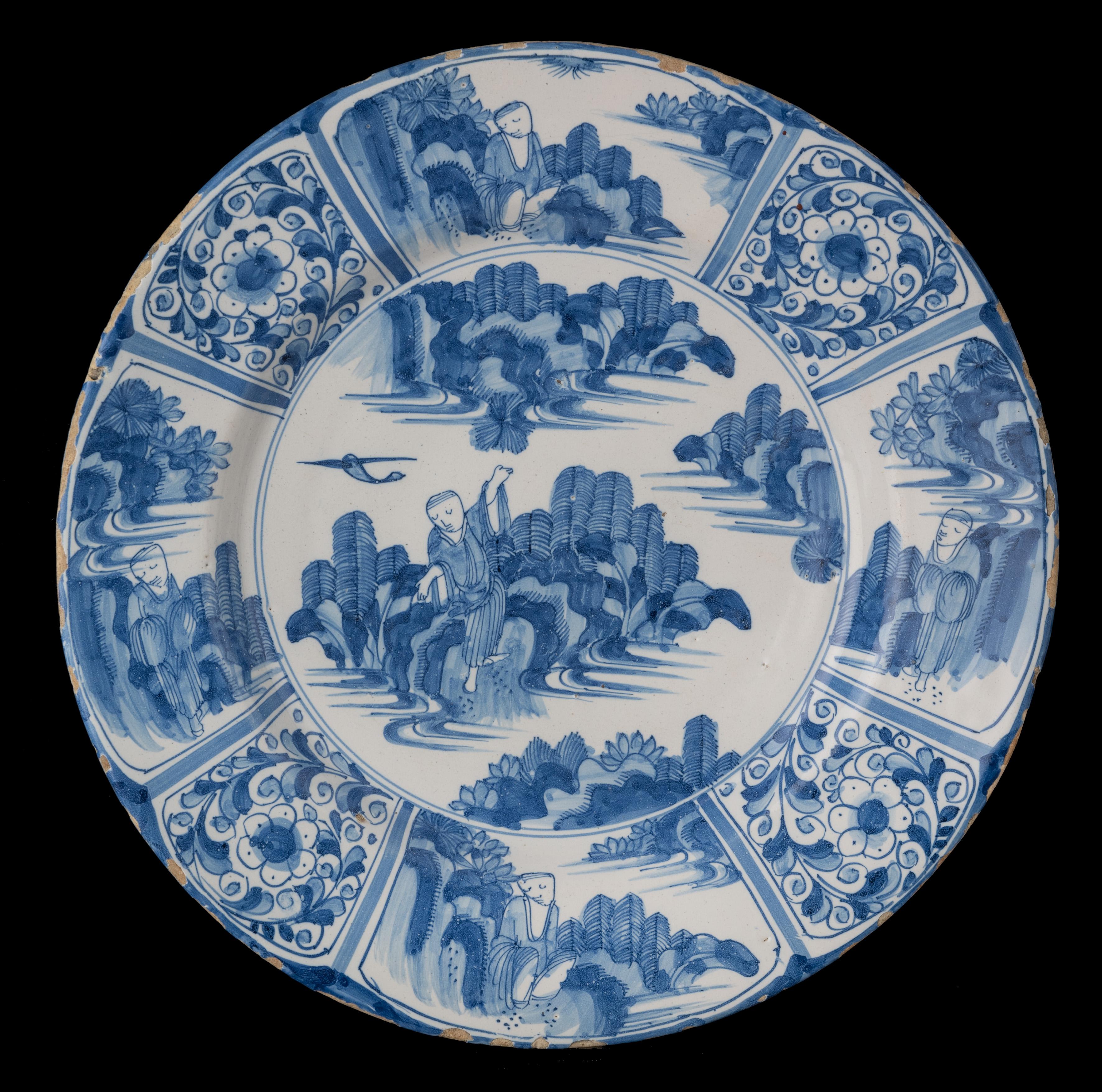 Baroque Delft 1670 Pair of Blue and White Chinoiserie Dishes Chinese Figure in Landscape For Sale