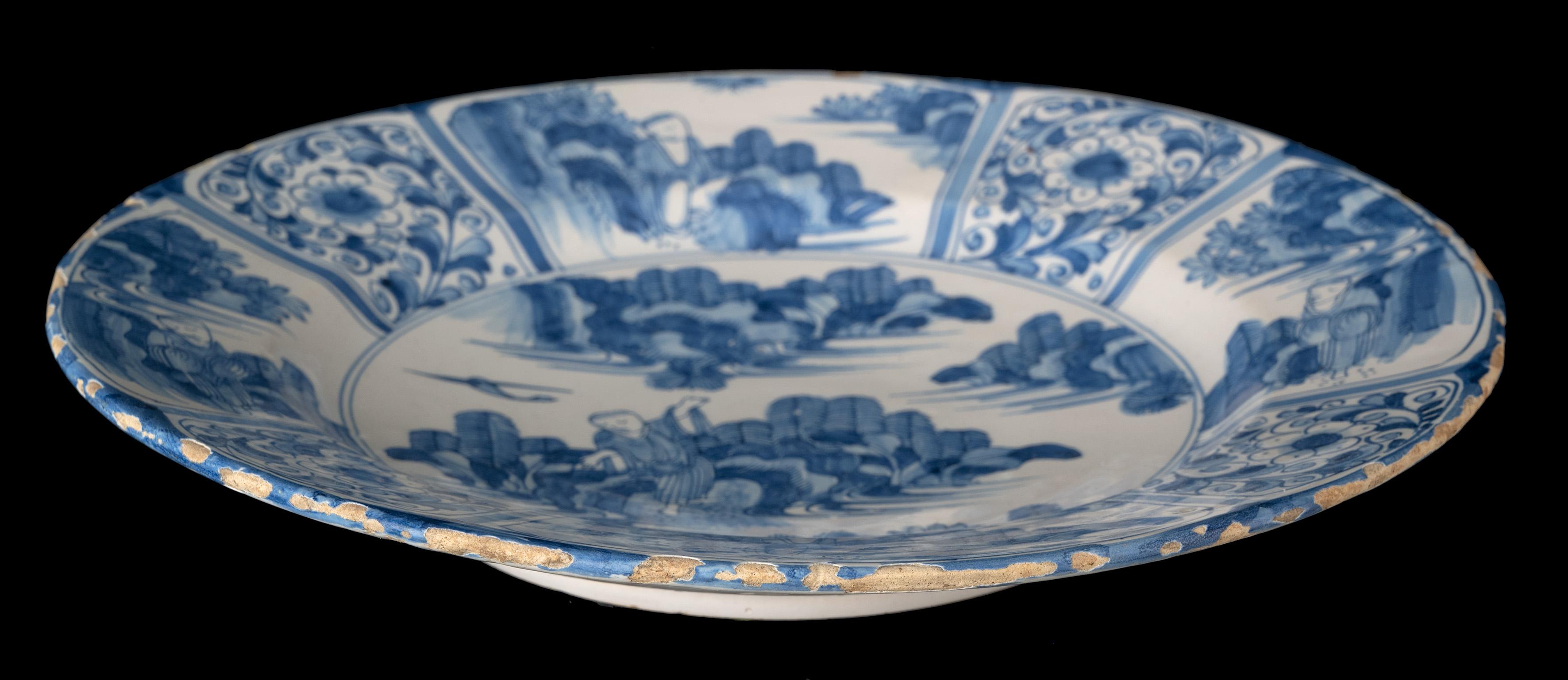 17th Century Delft 1670 Pair of Blue and White Chinoiserie Dishes Chinese Figure in Landscape For Sale