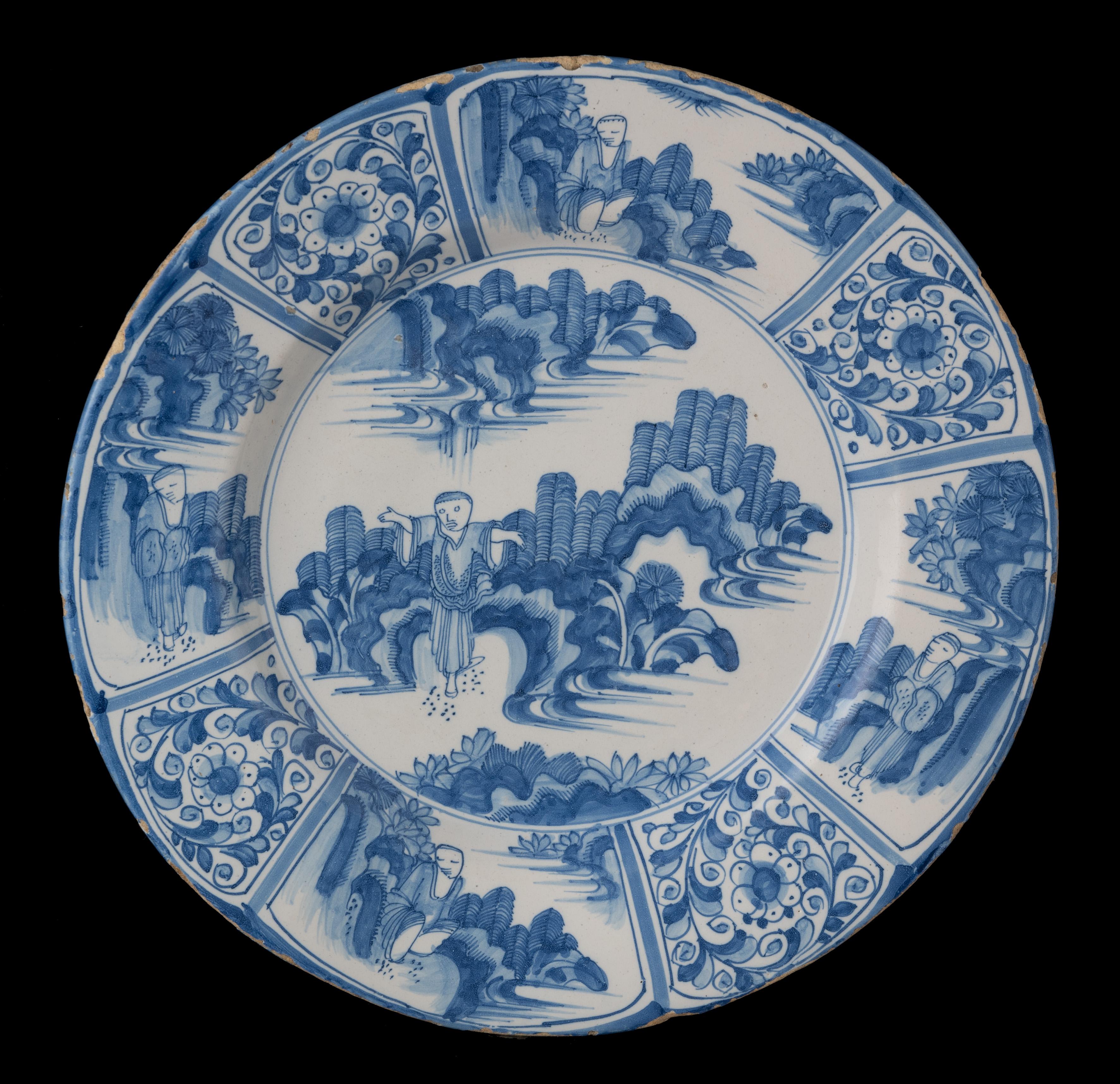 Ceramic Delft 1670 Pair of Blue and White Chinoiserie Dishes Chinese Figure in Landscape For Sale